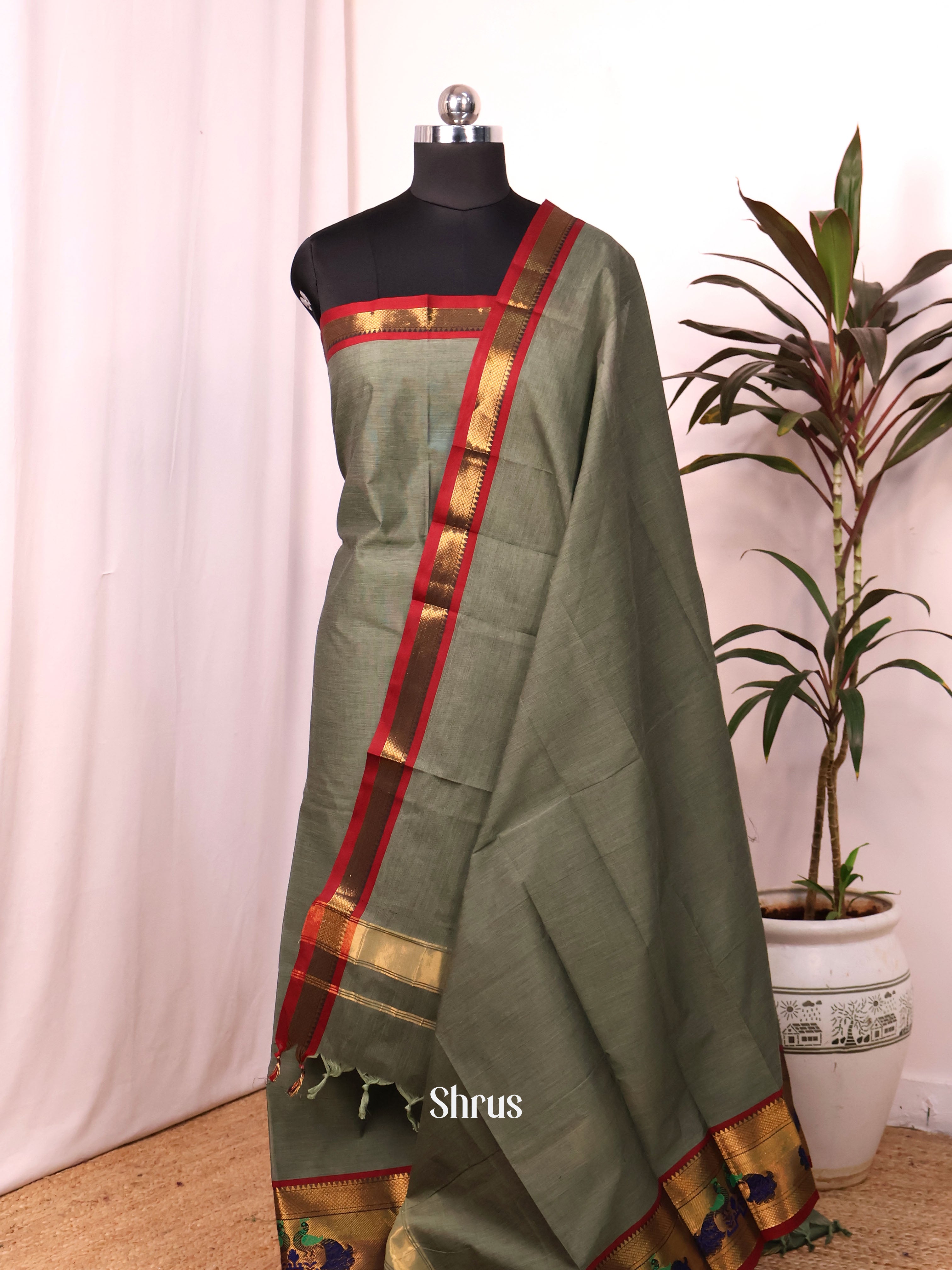 Grey & Red - chettinad top & dupatta combo - Shop on Shrus.com