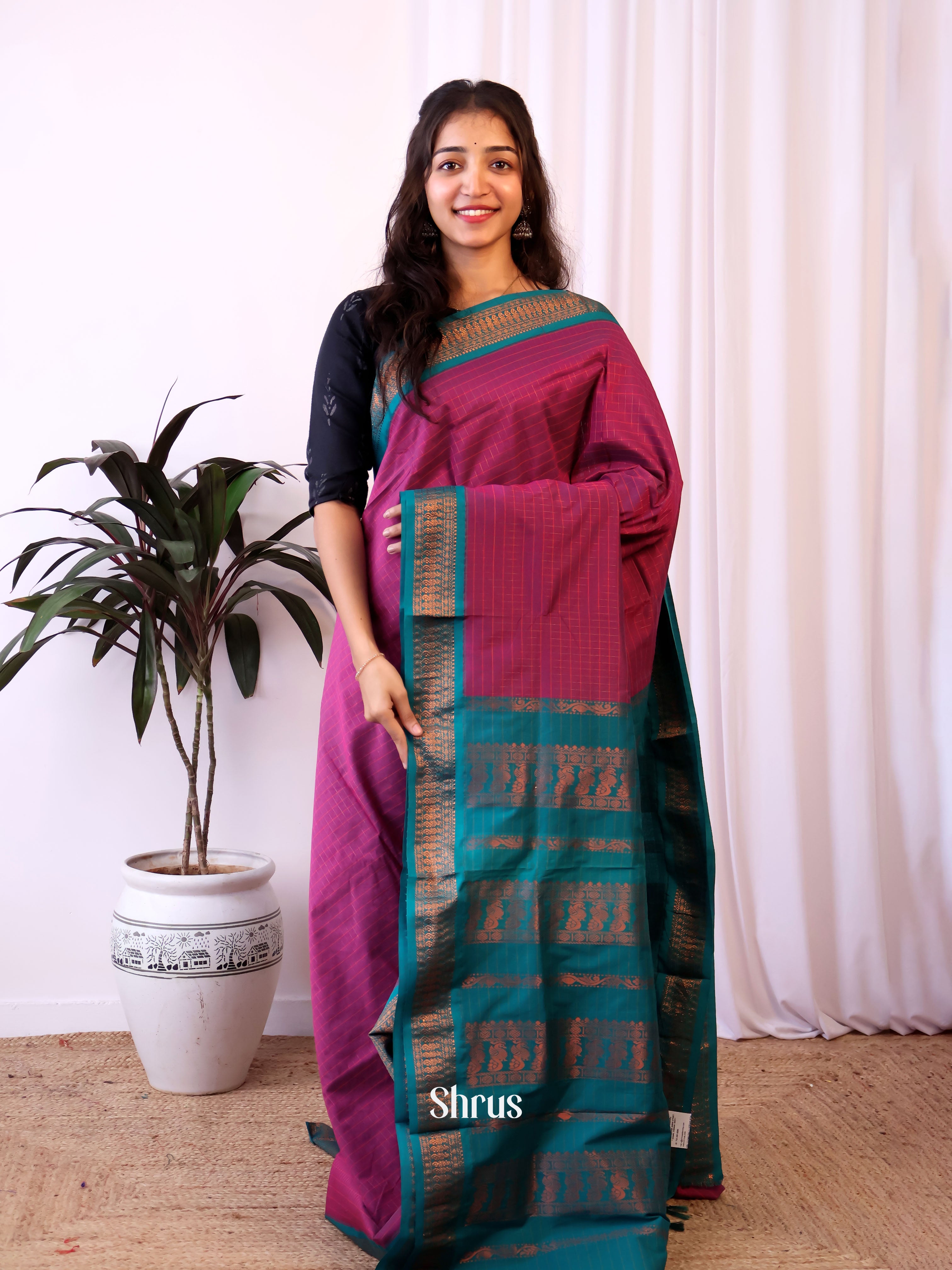 Purple & Blue - Kalyani Cotton Saree - Shop on Shrus.com