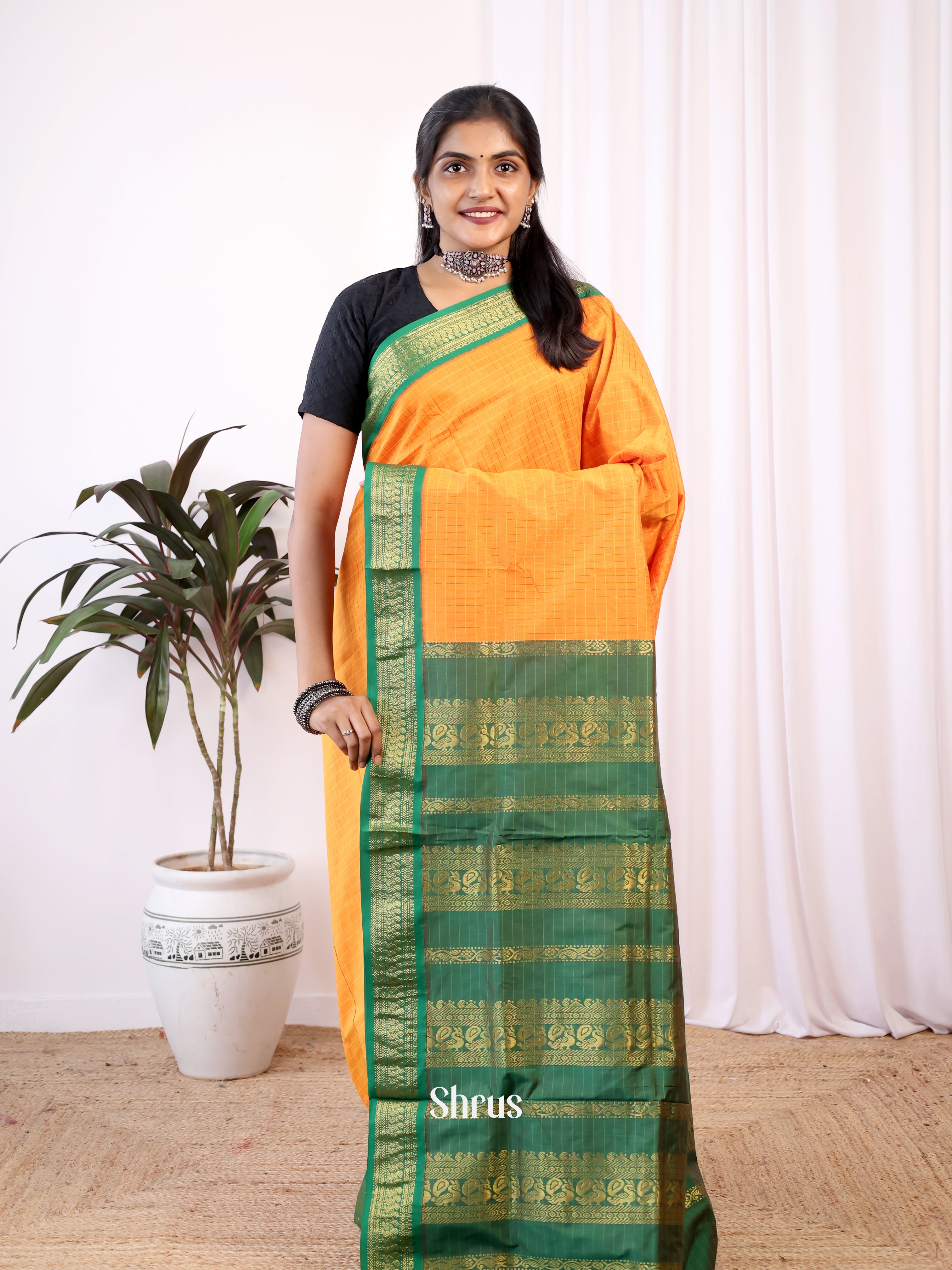 Orange & Green - Kalyani Cotton Saree - Shop on Shrus.com