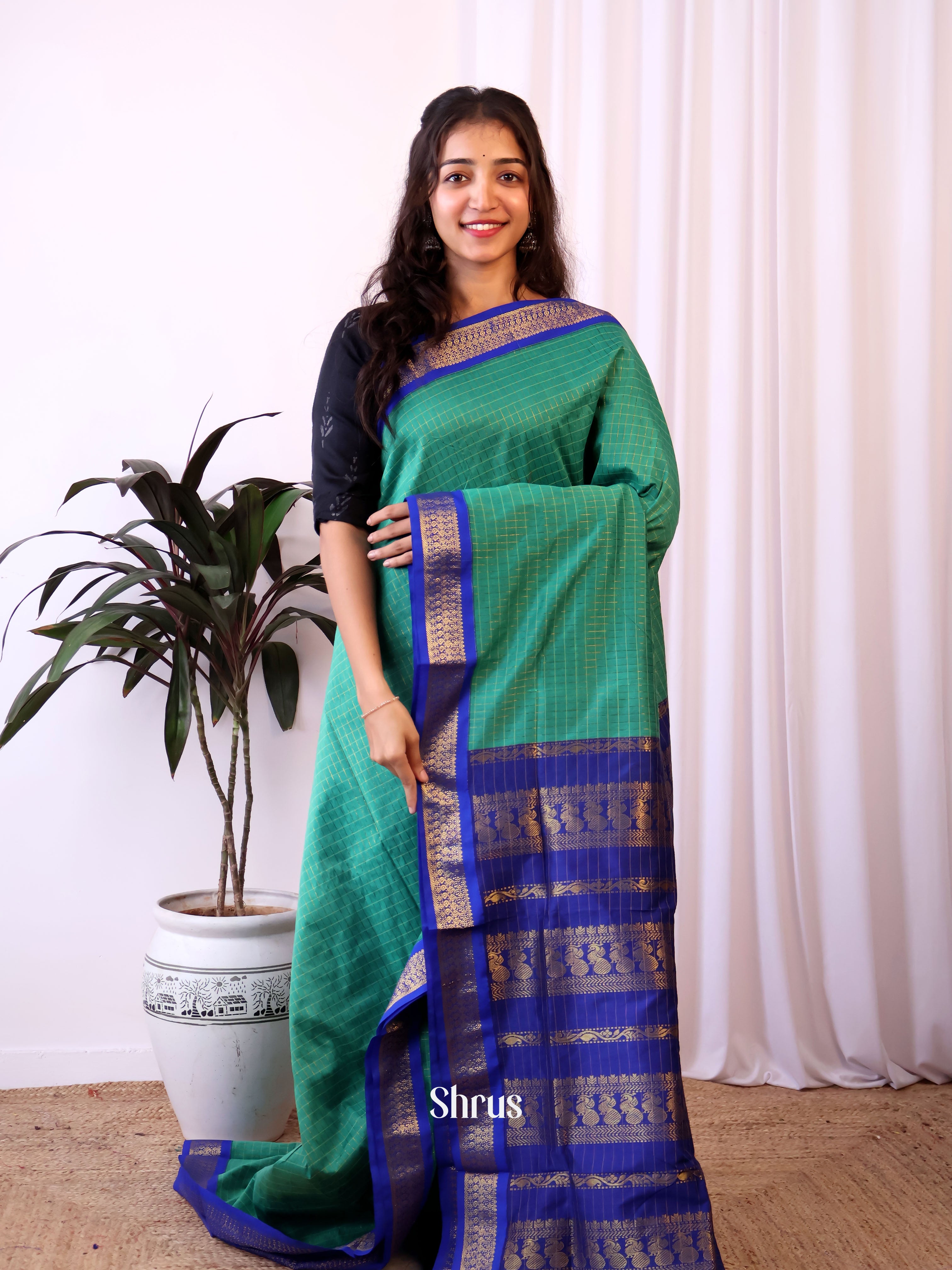 Green & Blue- Kalyani Cotton Saree - Shop on Shrus.com