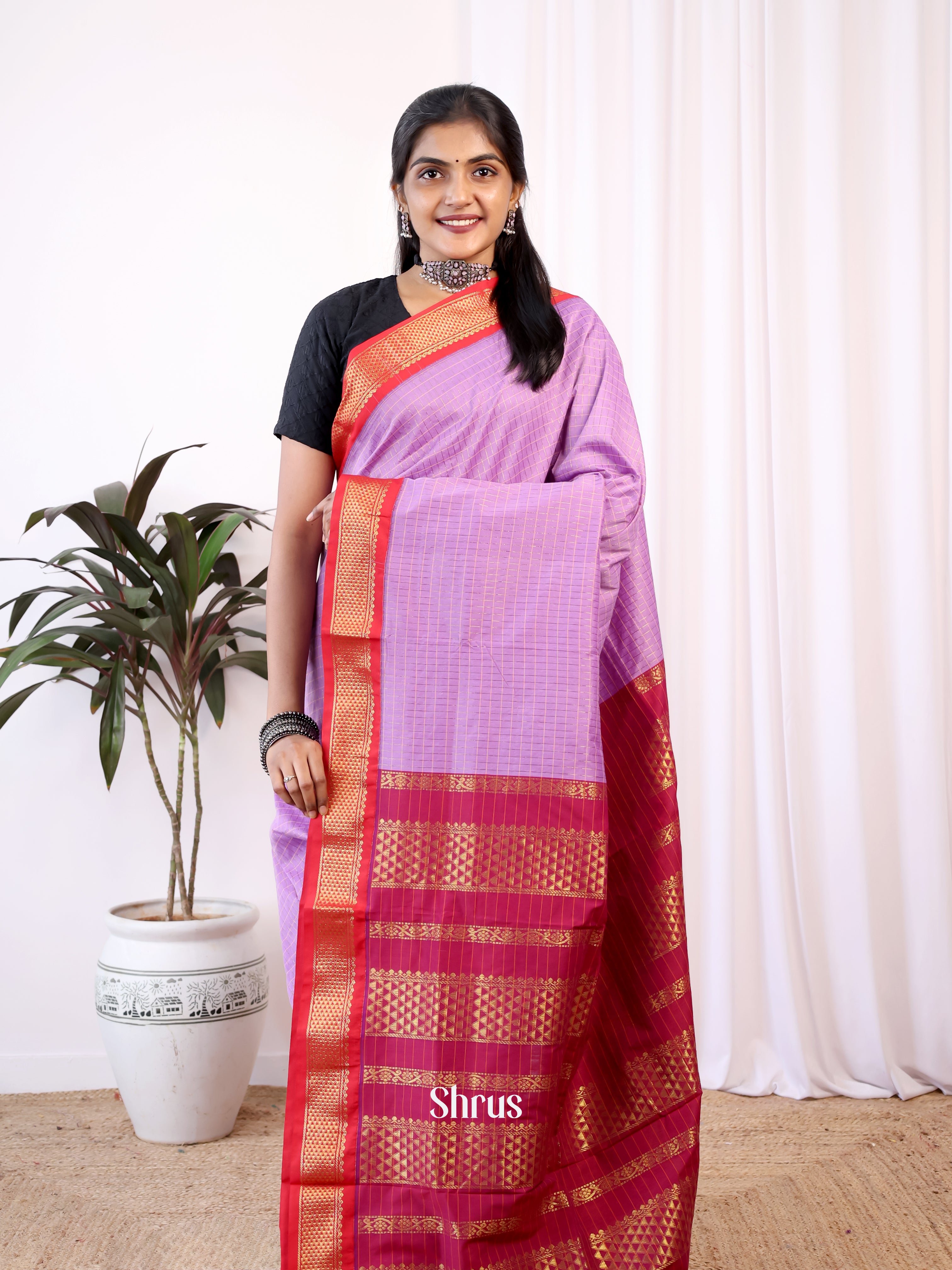Lavender & Red- Kalyani Cotton Saree - Shop on Shrus.com