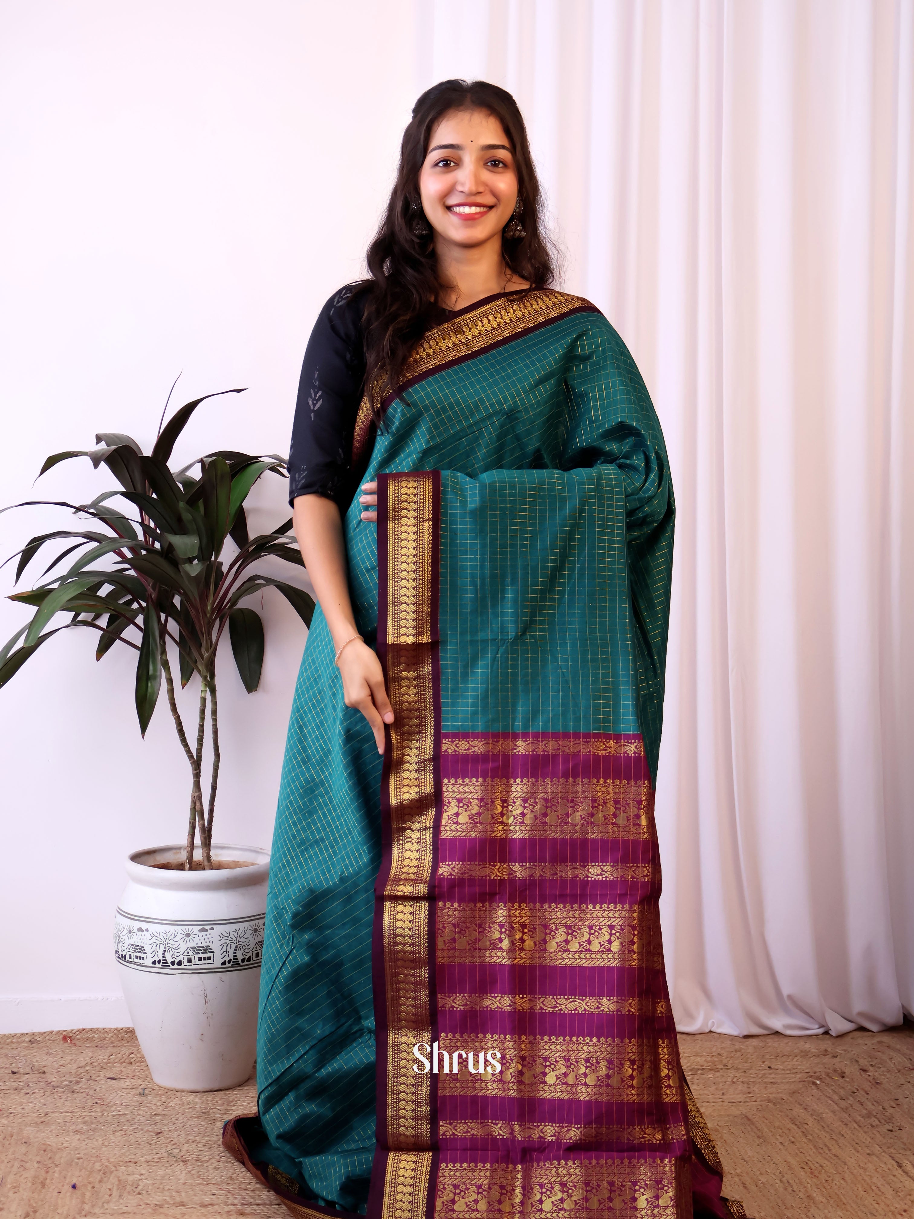 Peacock Blue & Purple - Kalyani Cotton Saree - Shop on Shrus.com