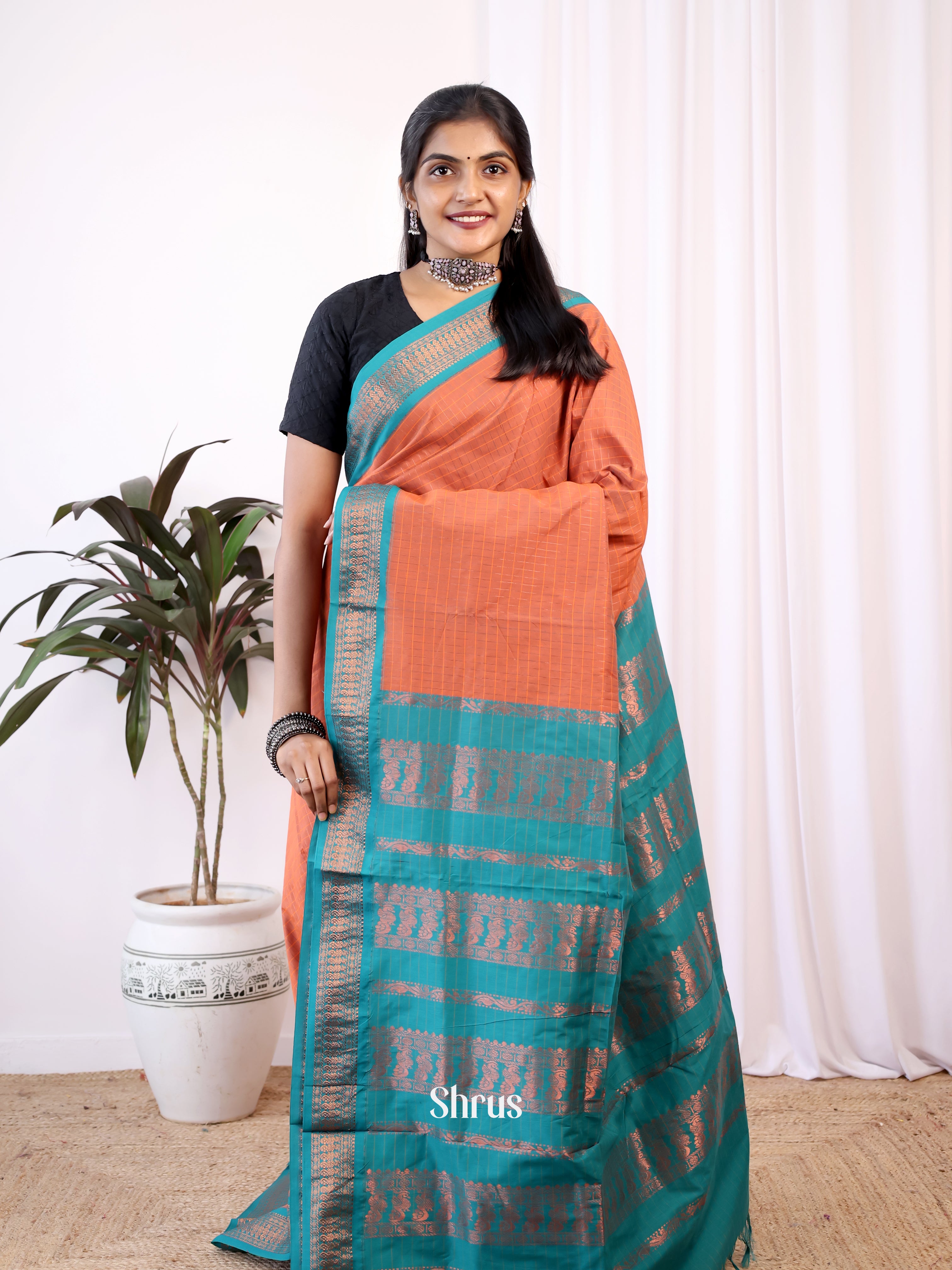 Brick & Green - Kalyani Cotton Saree - Shop on Shrus.com