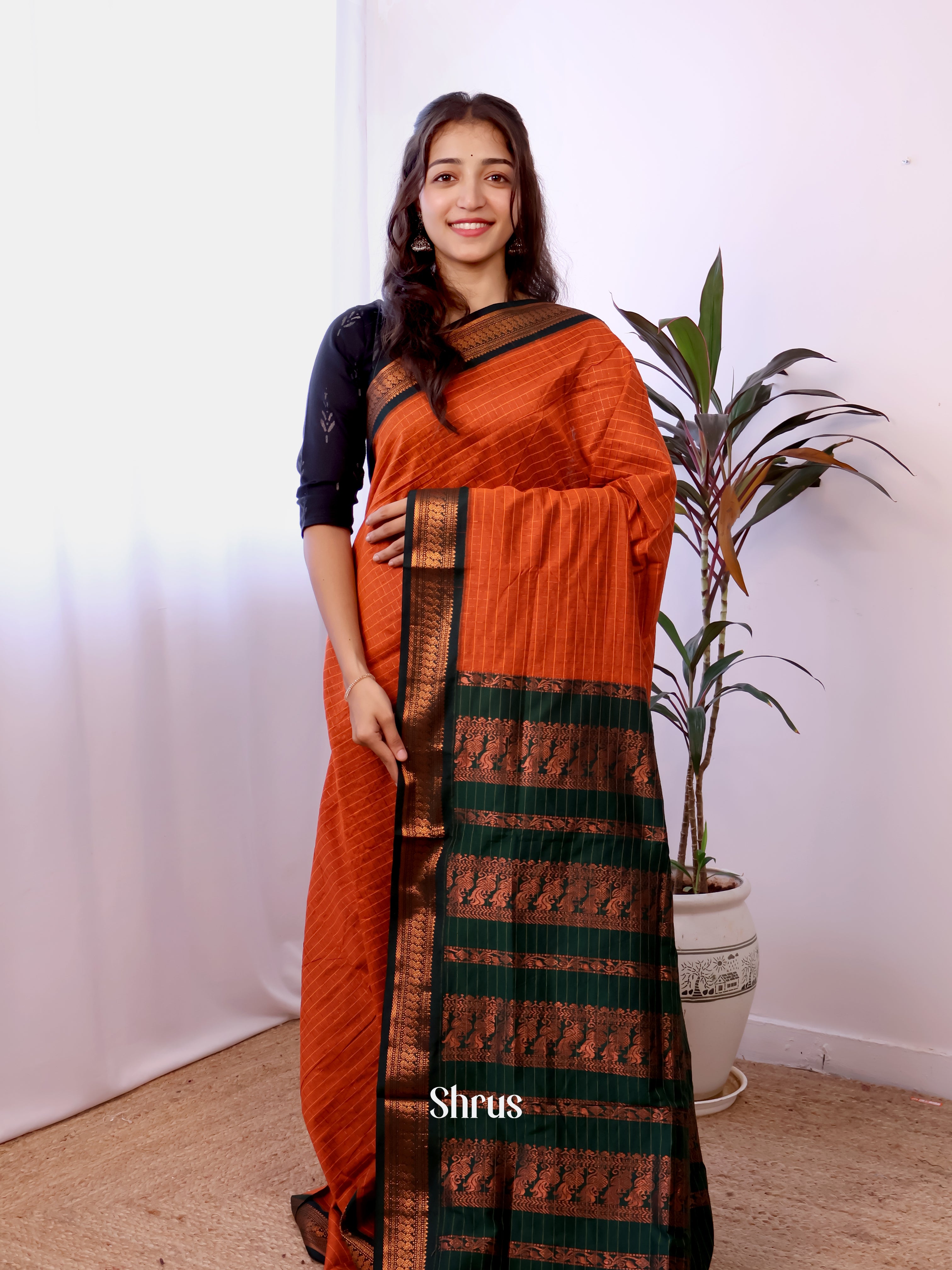 Orange & Green - Kalyani Cotton Saree - Shop on Shrus.com