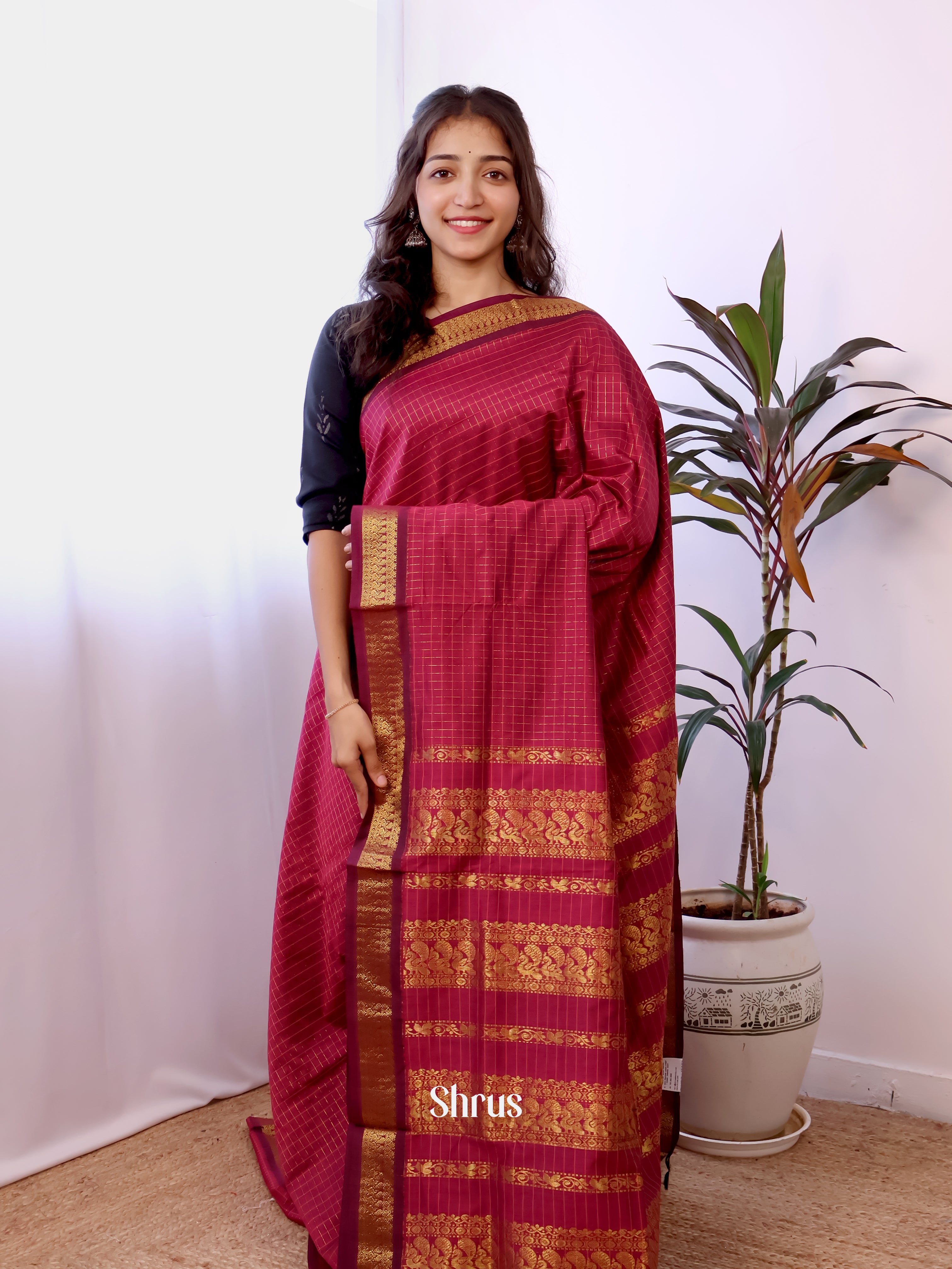 Maroon- Kalyani Cotton Saree - Shop on Shrus.com