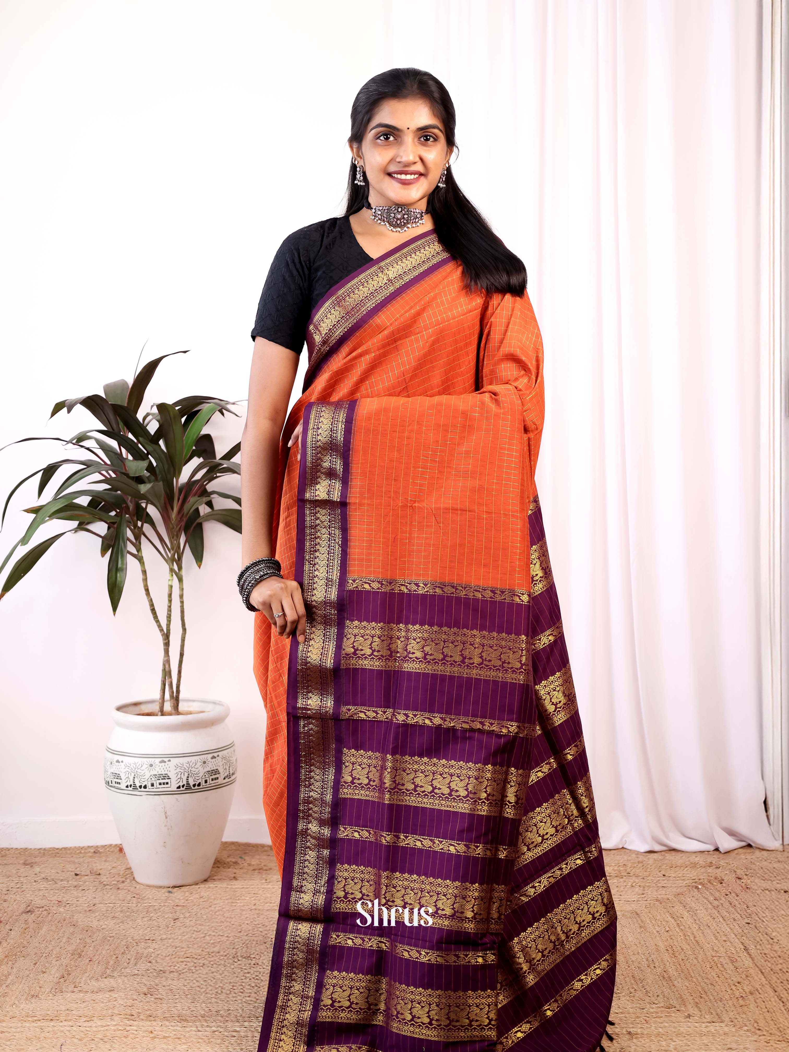 Orange & Violet- Kalyani Cotton Saree - Shop on Shrus.com