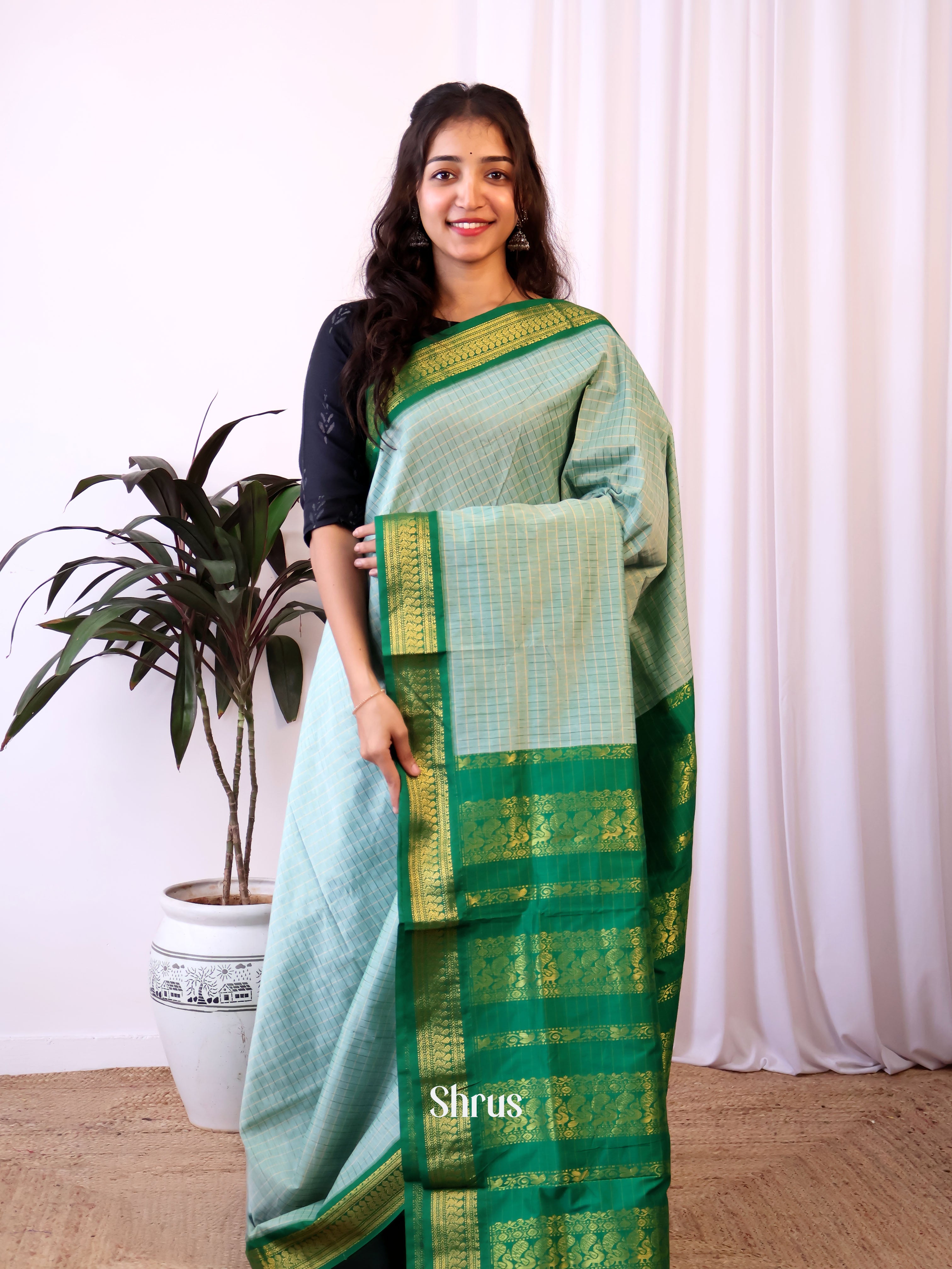 Pastel Green & Green- Kalyani Cotton Saree - Shop on Shrus.com