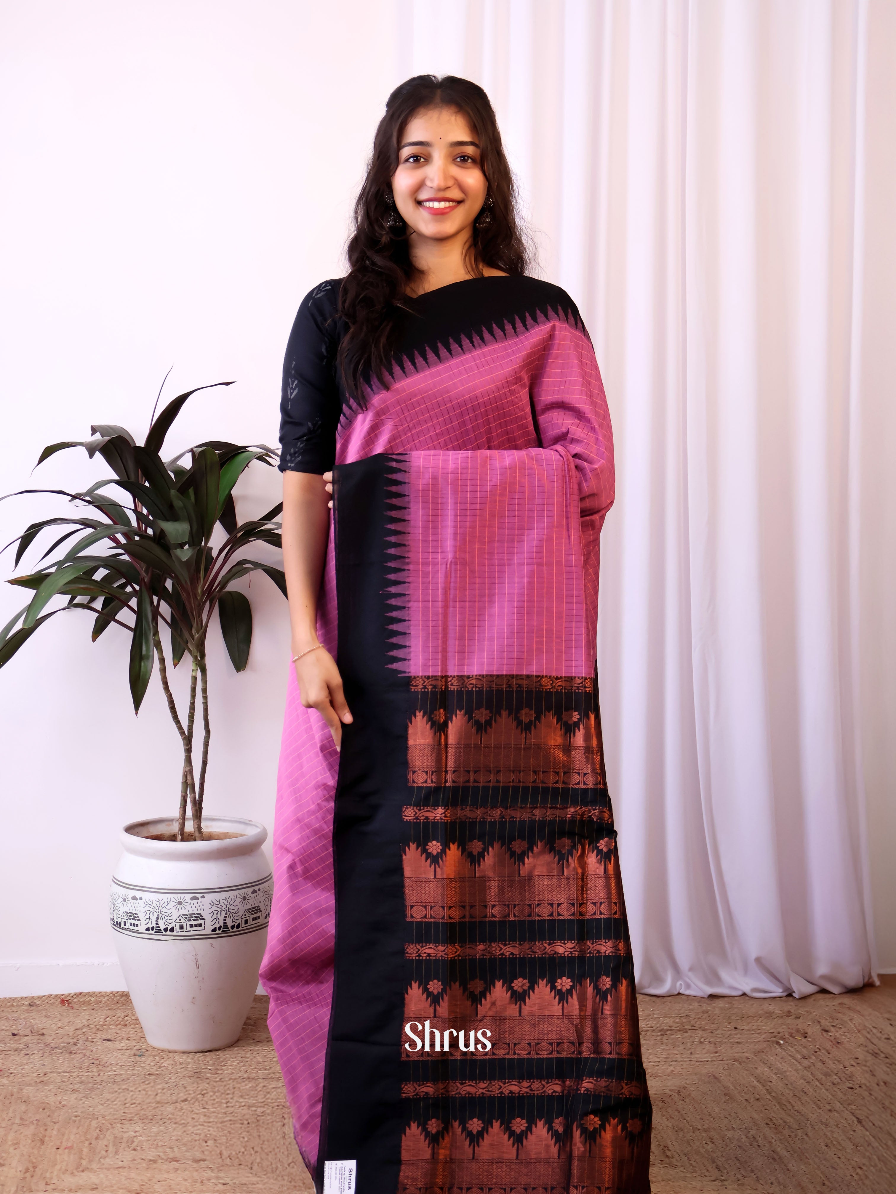 Pink & Black- Kalyani Cotton Saree - Shop on Shrus.com