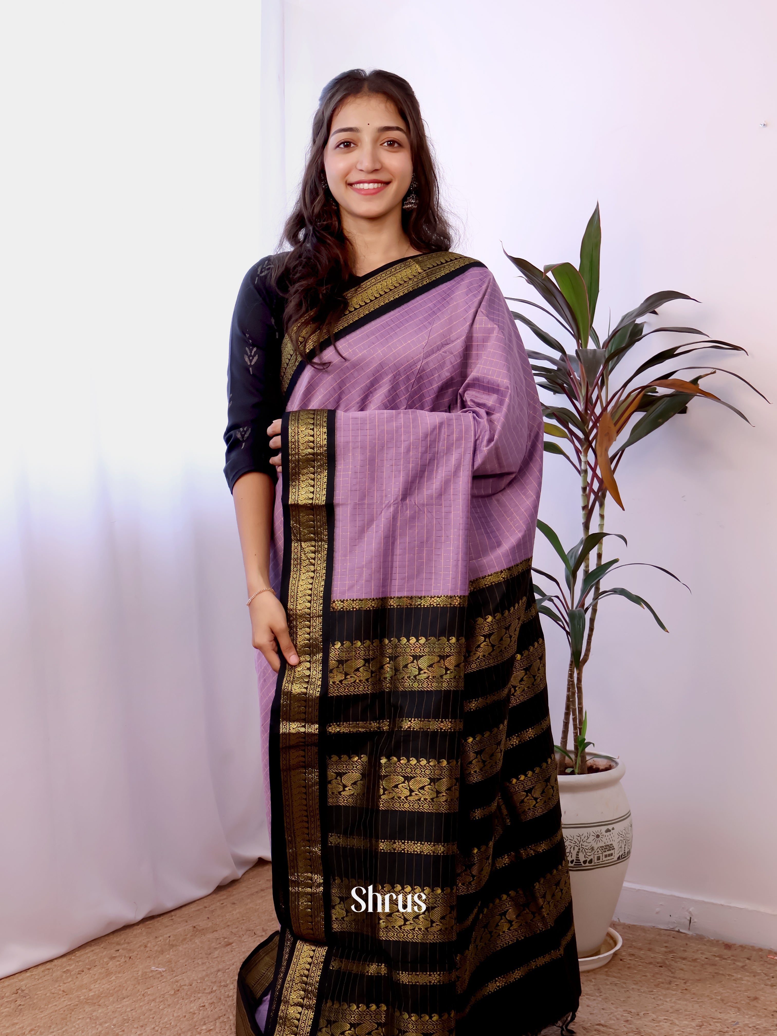 Purple & Black - Kalyani Cotton Saree - Shop on Shrus.com