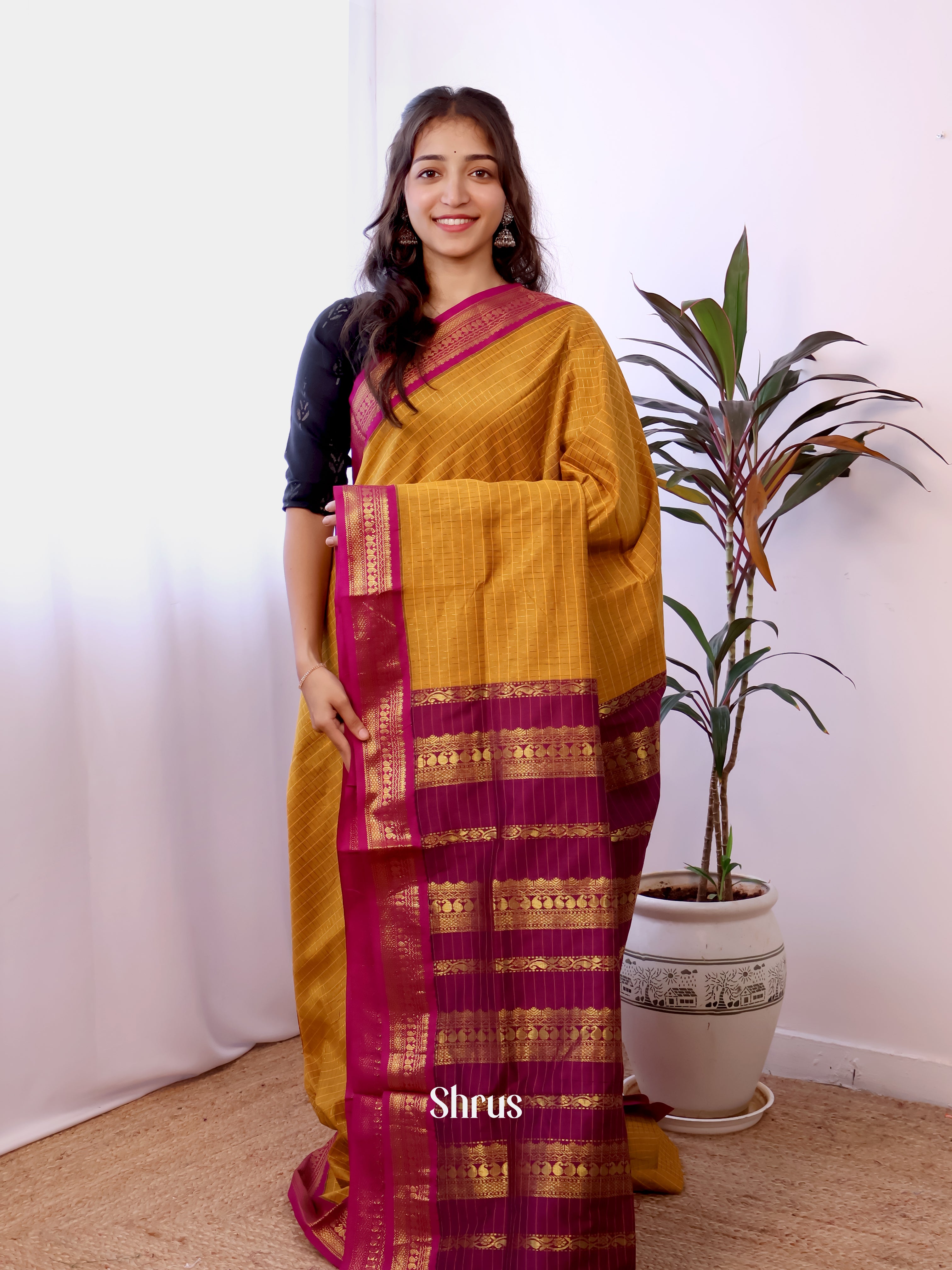Mustard & Purple - Kalyani Cotton Saree - Shop on Shrus.com
