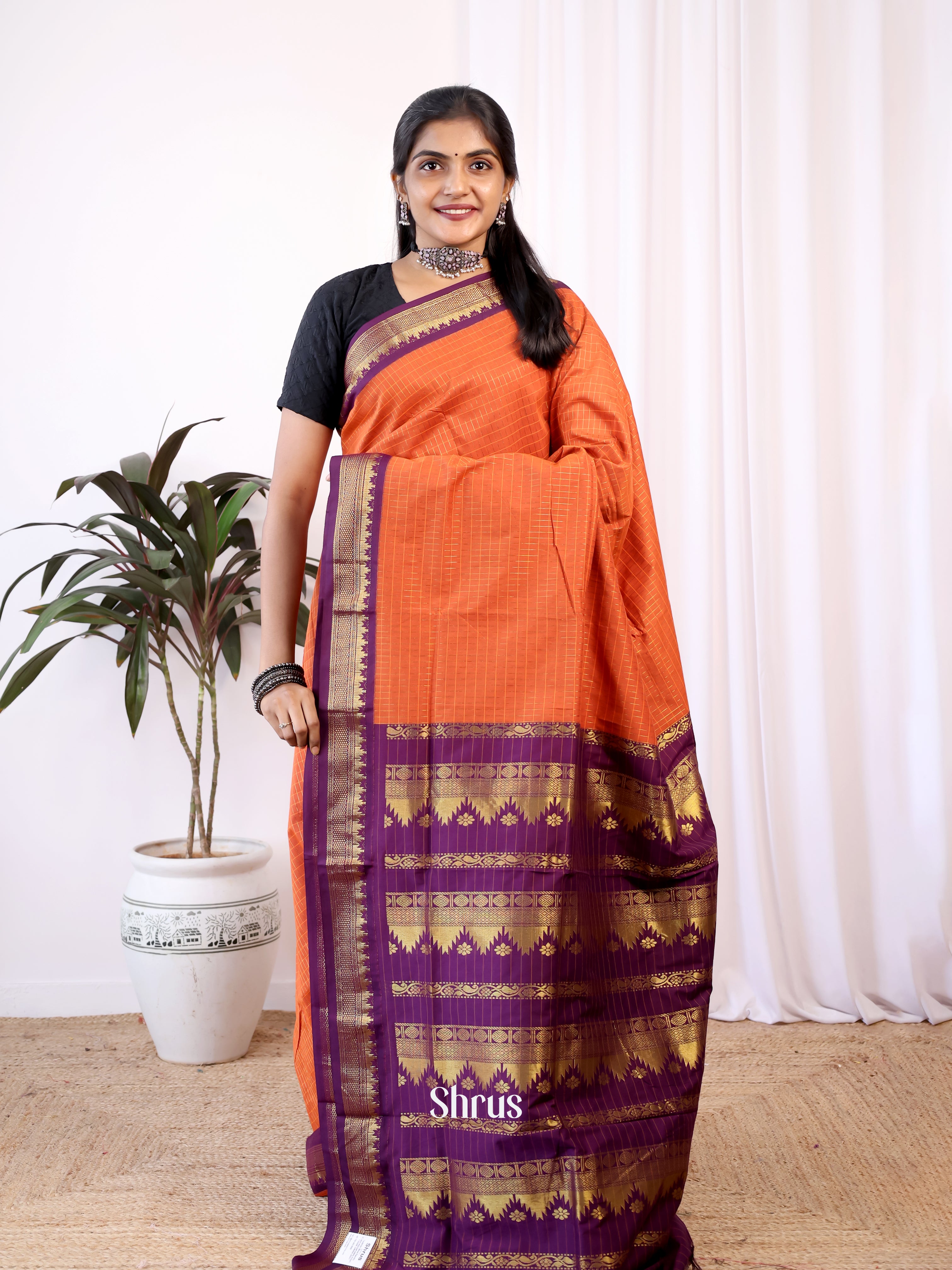 Orange & Violet- Kalyani Cotton Saree - Shop on Shrus.com