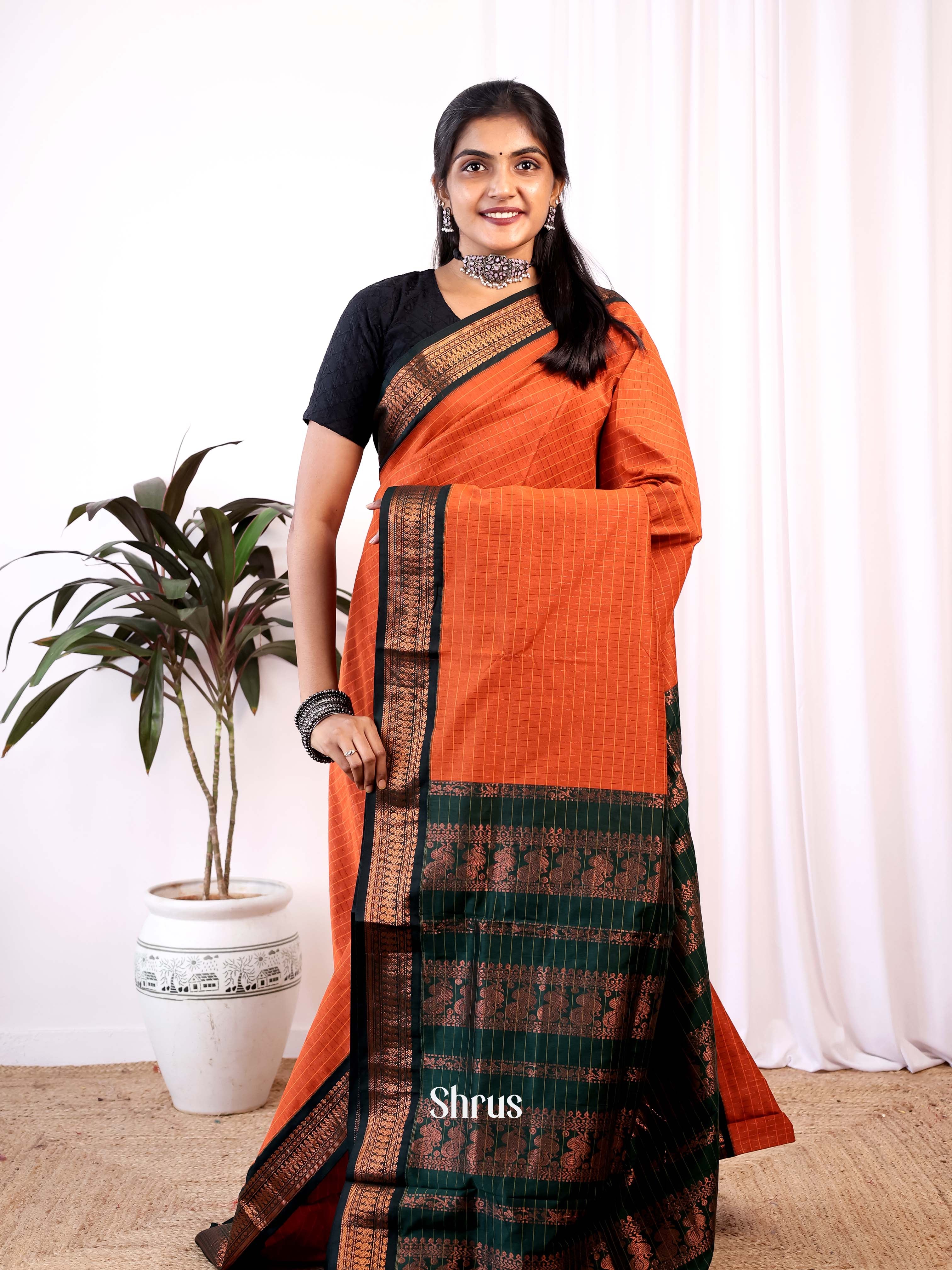 Orange & Green- Kalyani Cotton Saree - Shop on Shrus.com