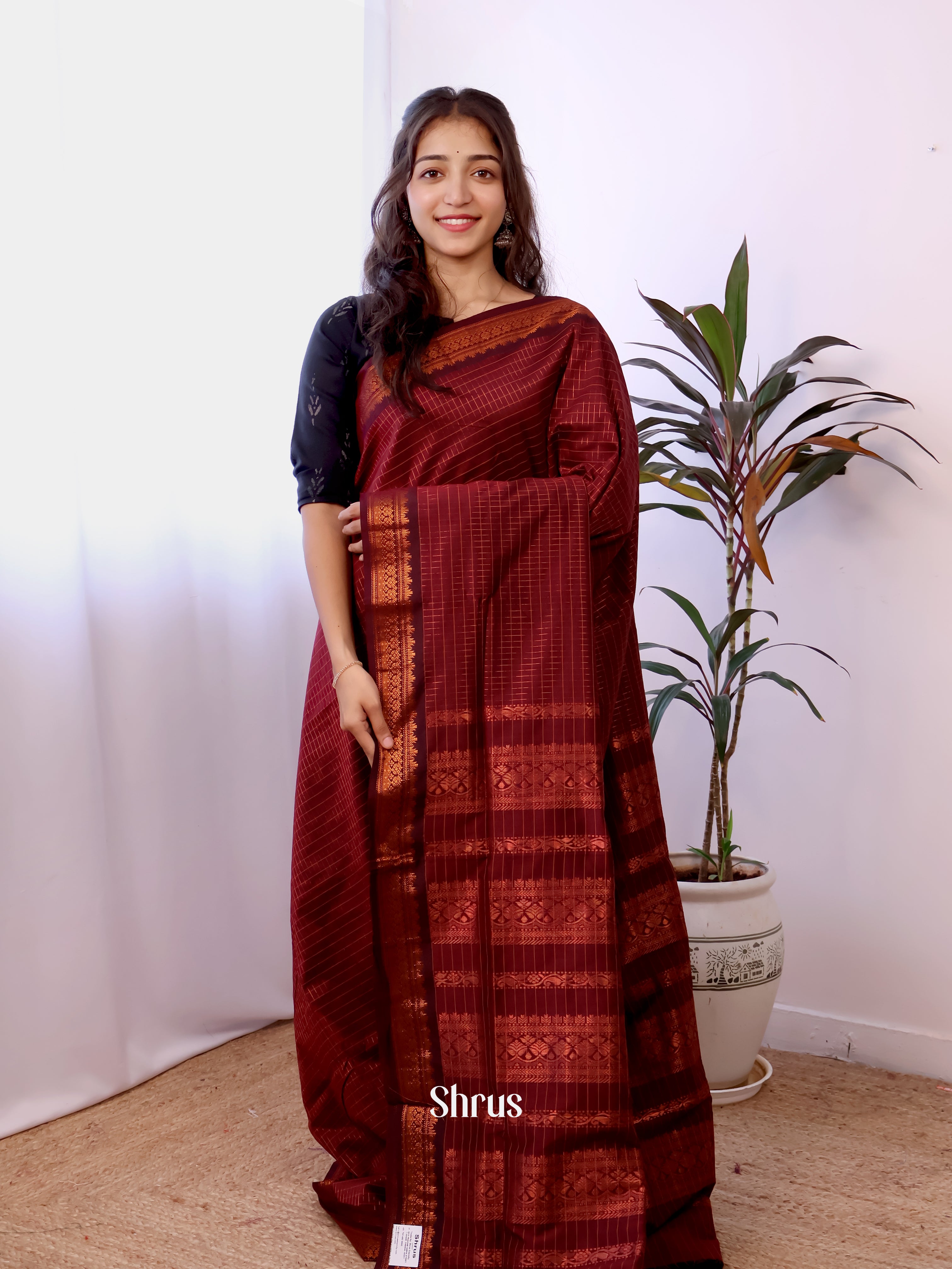 Classy Maroon Kalyani Cotton Saree with Zari Checks, Zari Border & Rich Zari Pallu - Shop on Shrus.com