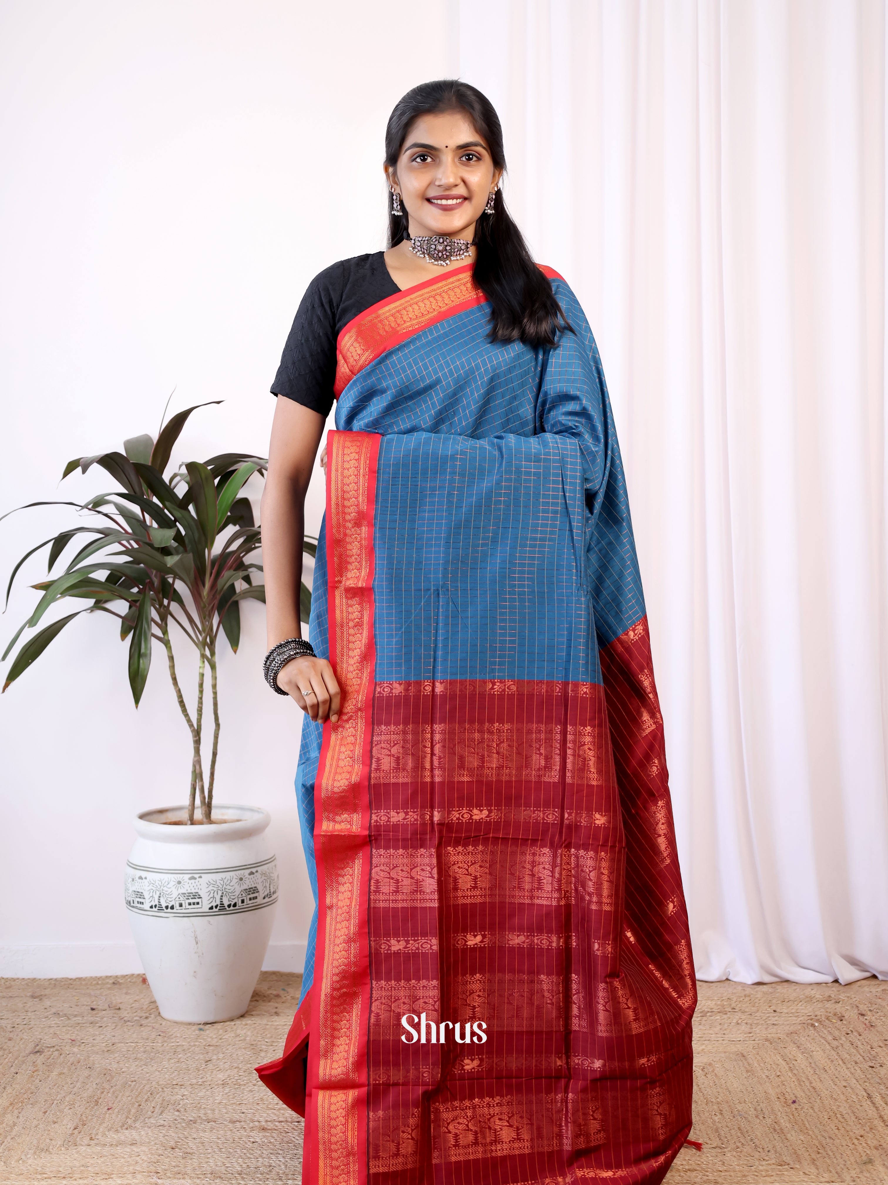 Blue & Maroon- Kalyani Cotton Saree - Shop on Shrus.com