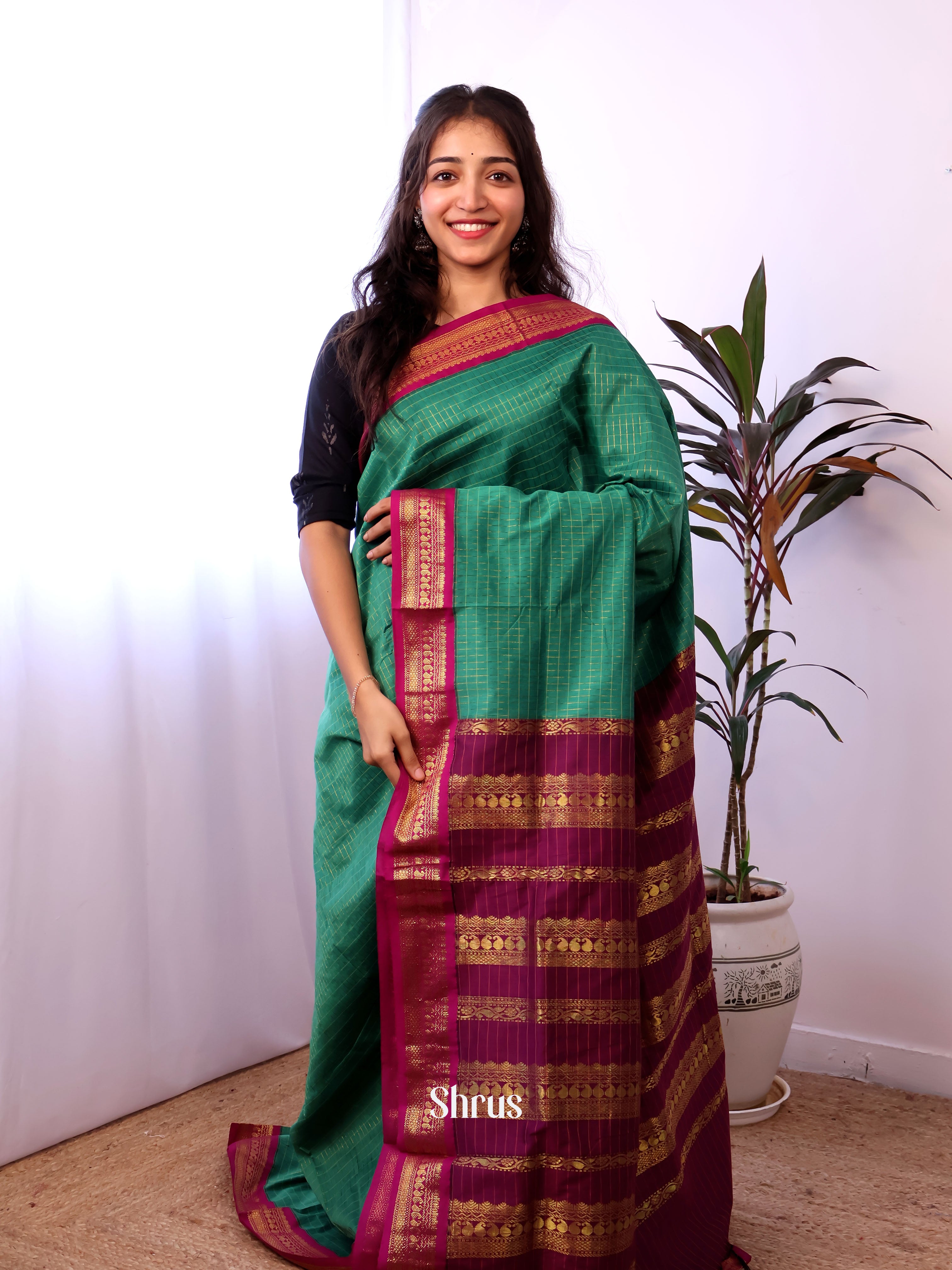 Green & Purple- Kalyani Cotton Saree - Shop on Shrus.com