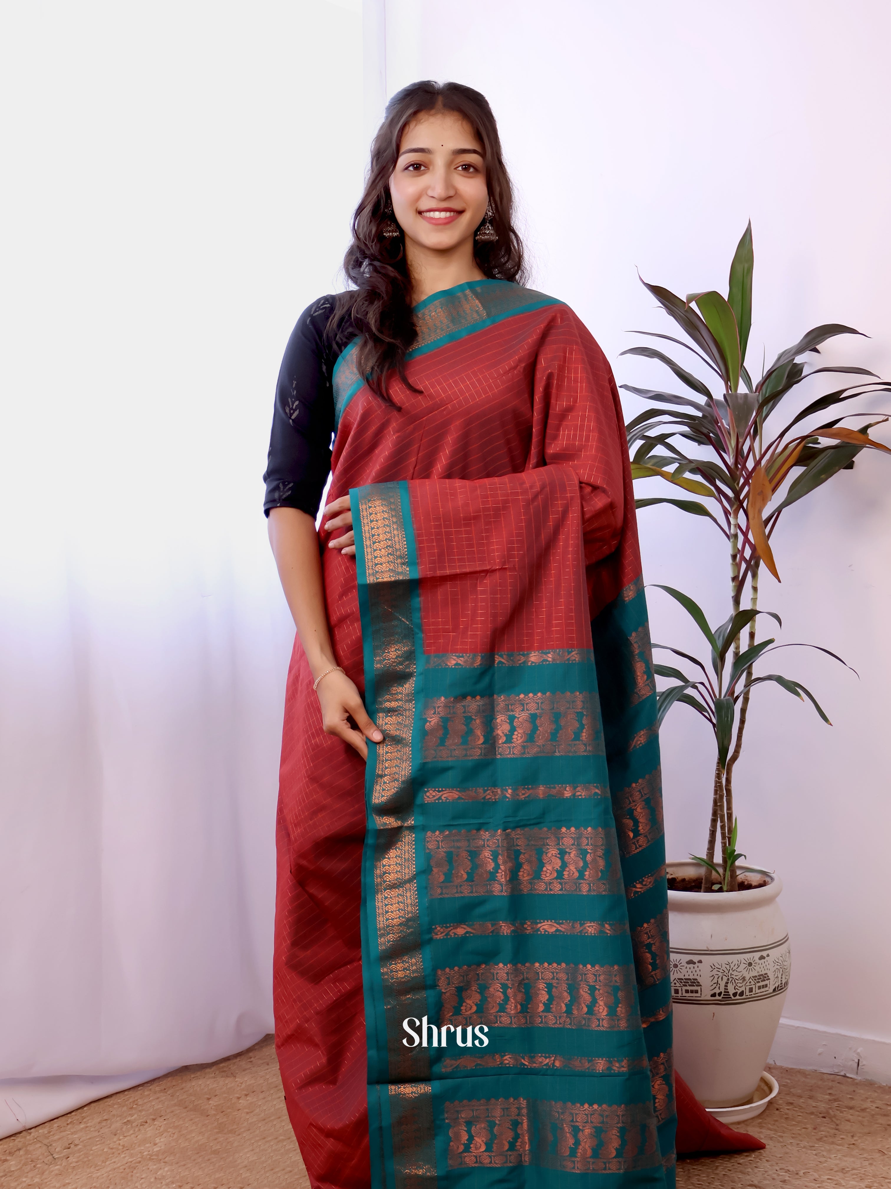 Maroon & Blue - Kalyani Cotton Saree - Shop on Shrus.com