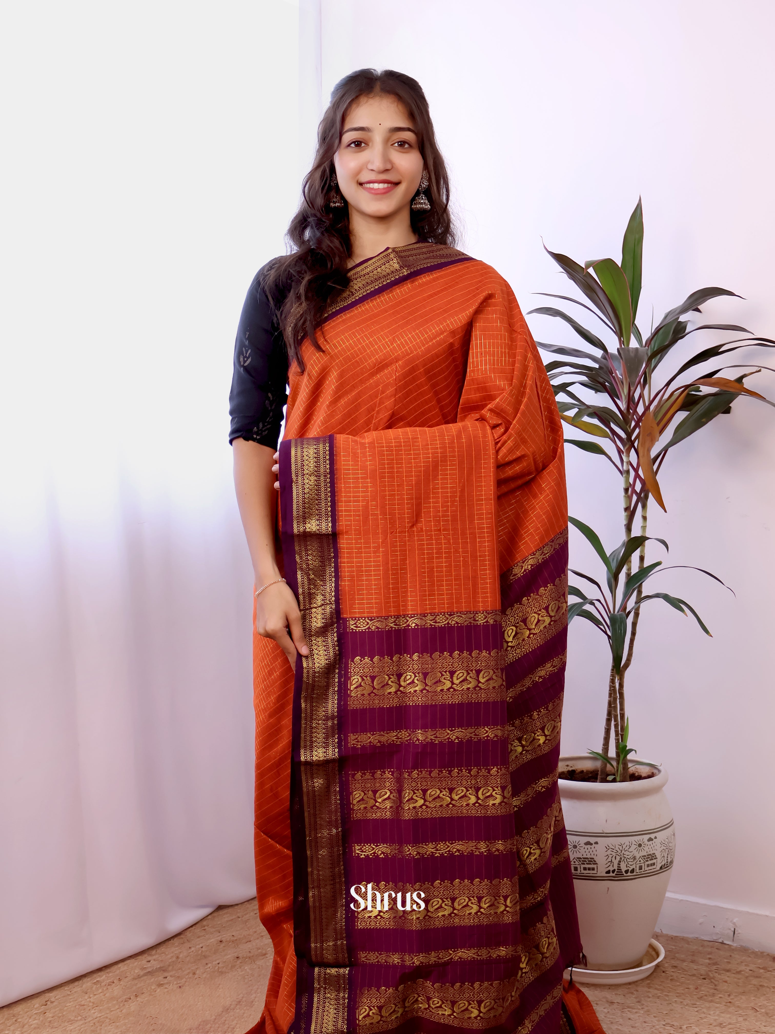 Orange & Purple - Kalyani Cotton Saree - Shop on Shrus.com