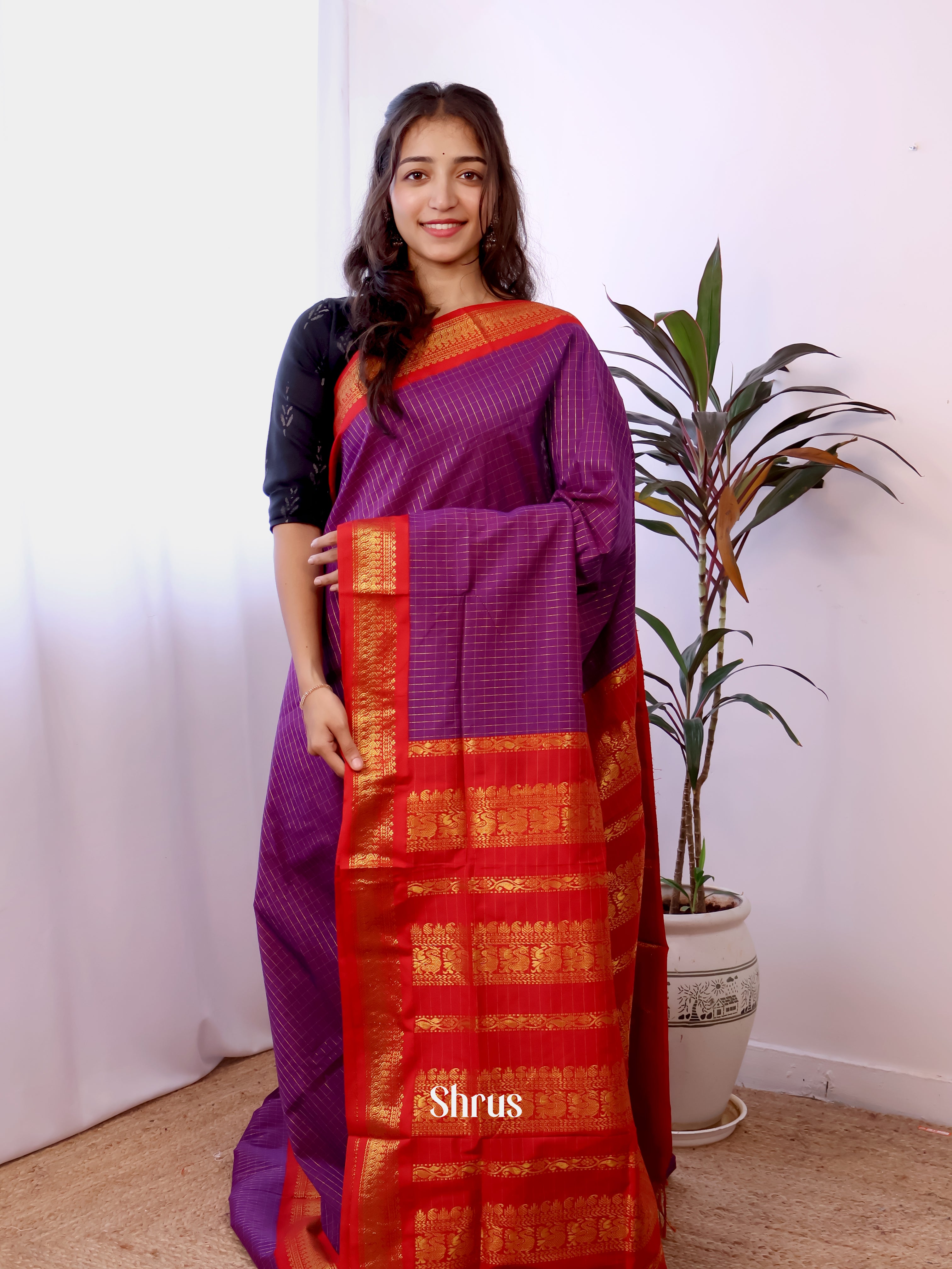 Chic Purple Kalyani Cotton Saree with Red Zari Border & Pallu, Contrast Blouse - Shop on Shrus.com