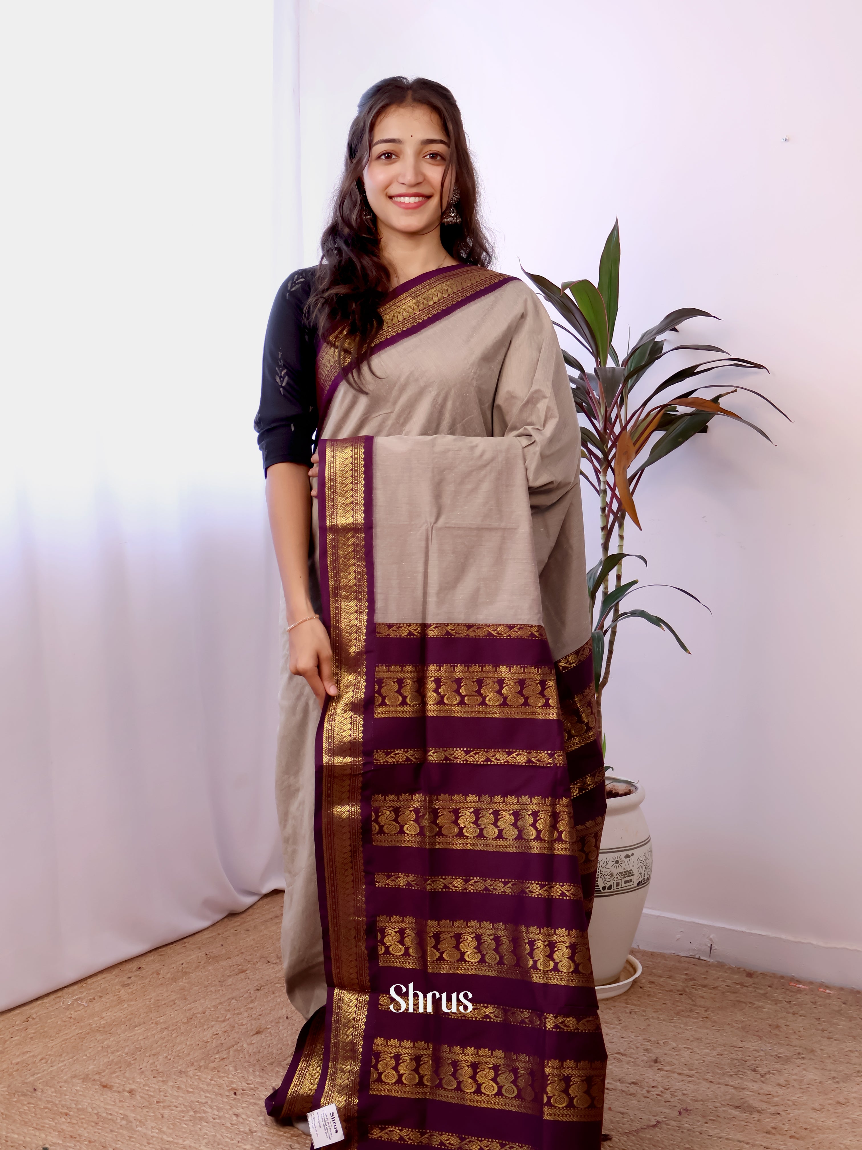 Grey & Purple - Kalyani Cotton Saree - Shop on Shrus.com