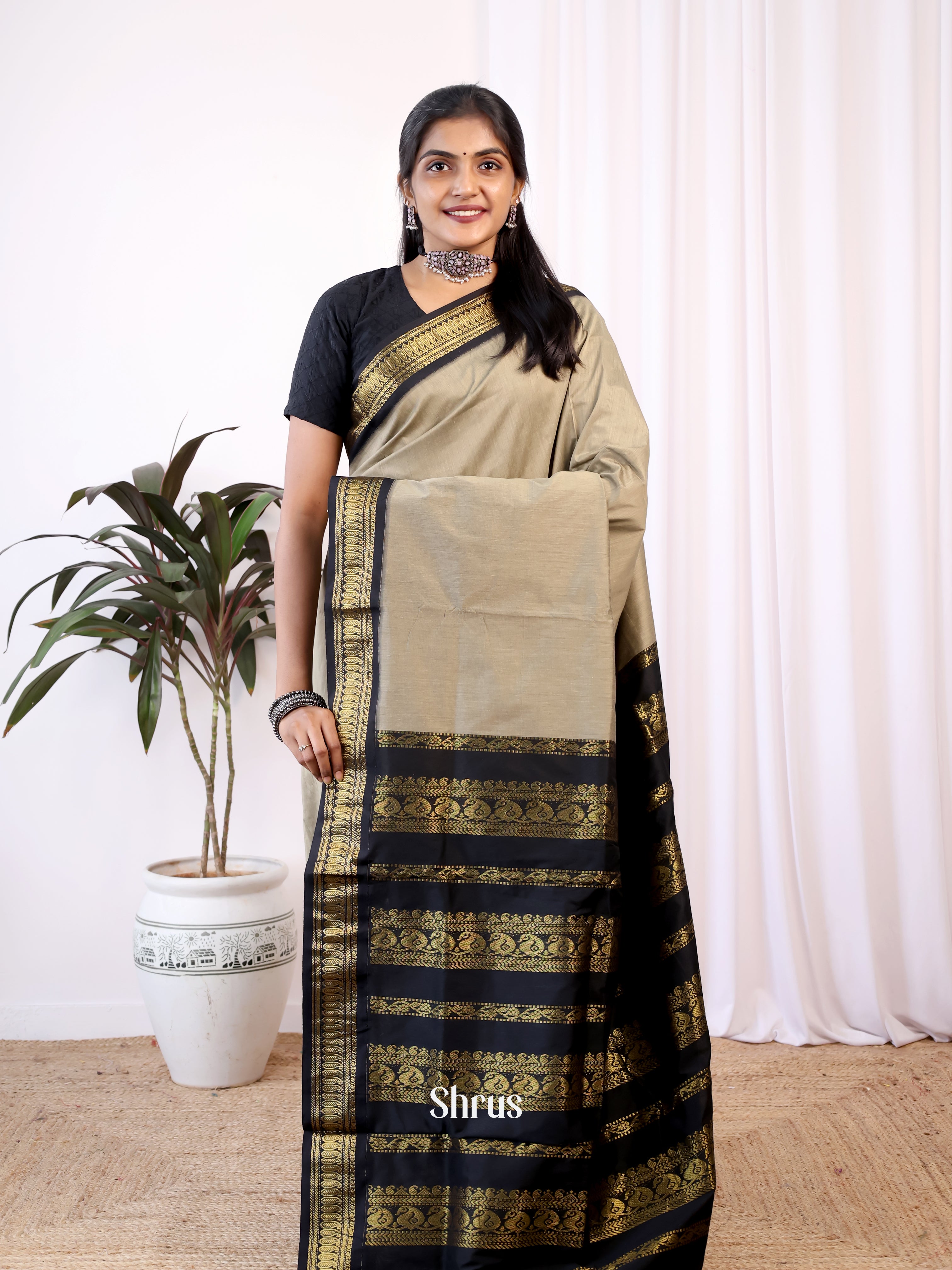 Grey & Black- Kalyani Cotton Saree - Shop on Shrus.com