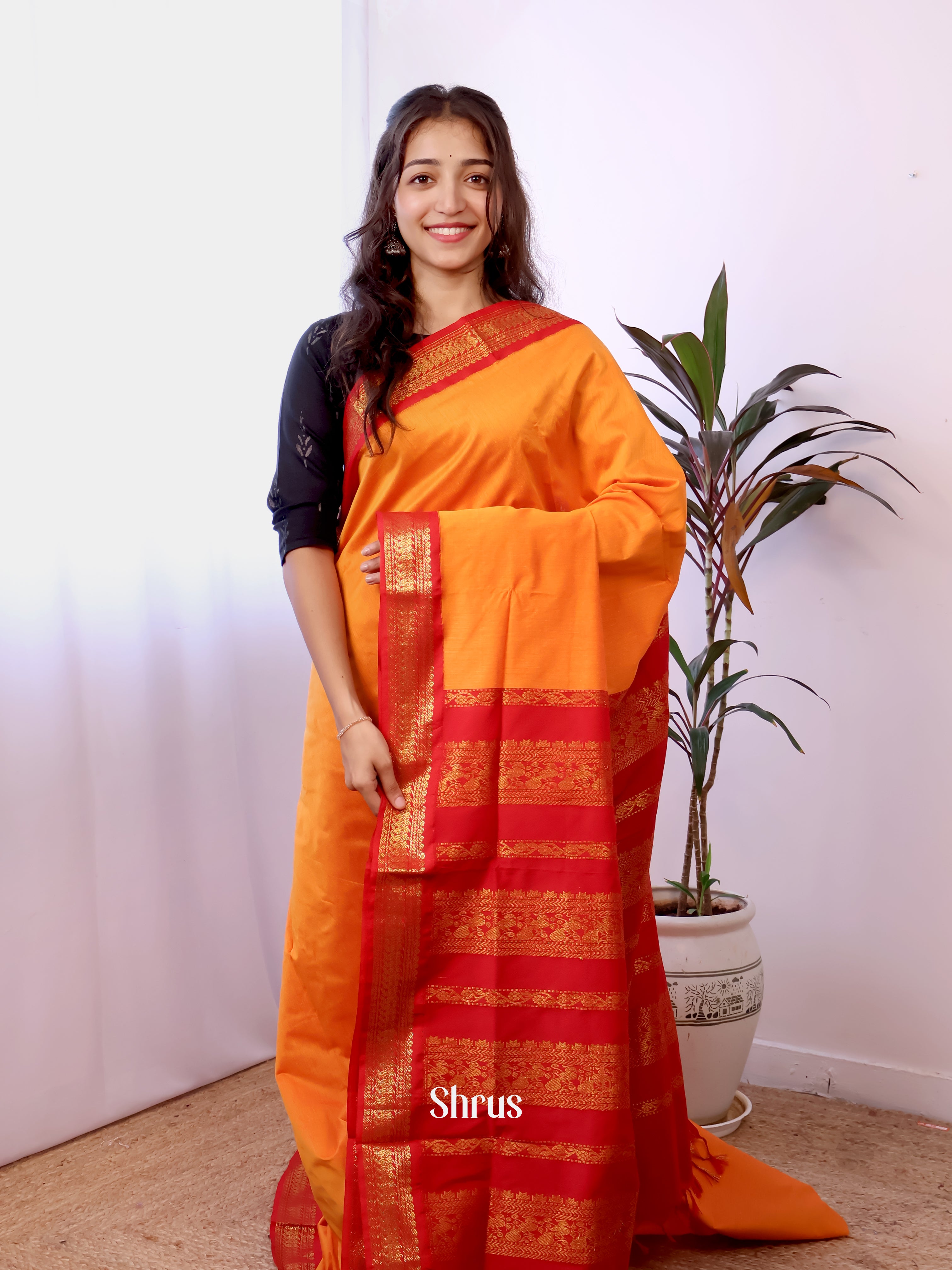 Orange & Red - Kalyani Cotton Saree - Shop on Shrus.com
