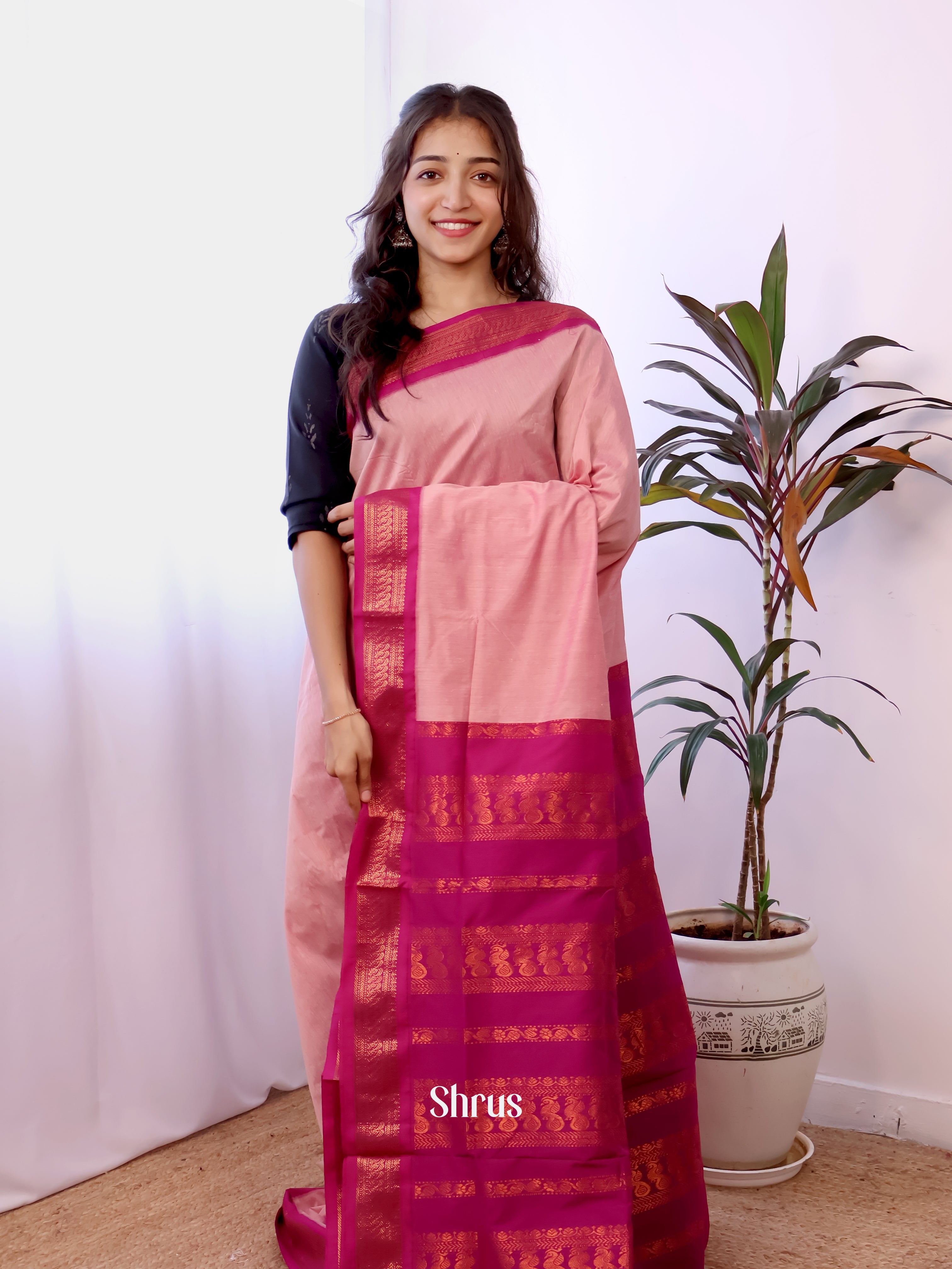 Baby Pink & Pink- Kalyani Cotton Saree - Shop on Shrus.com