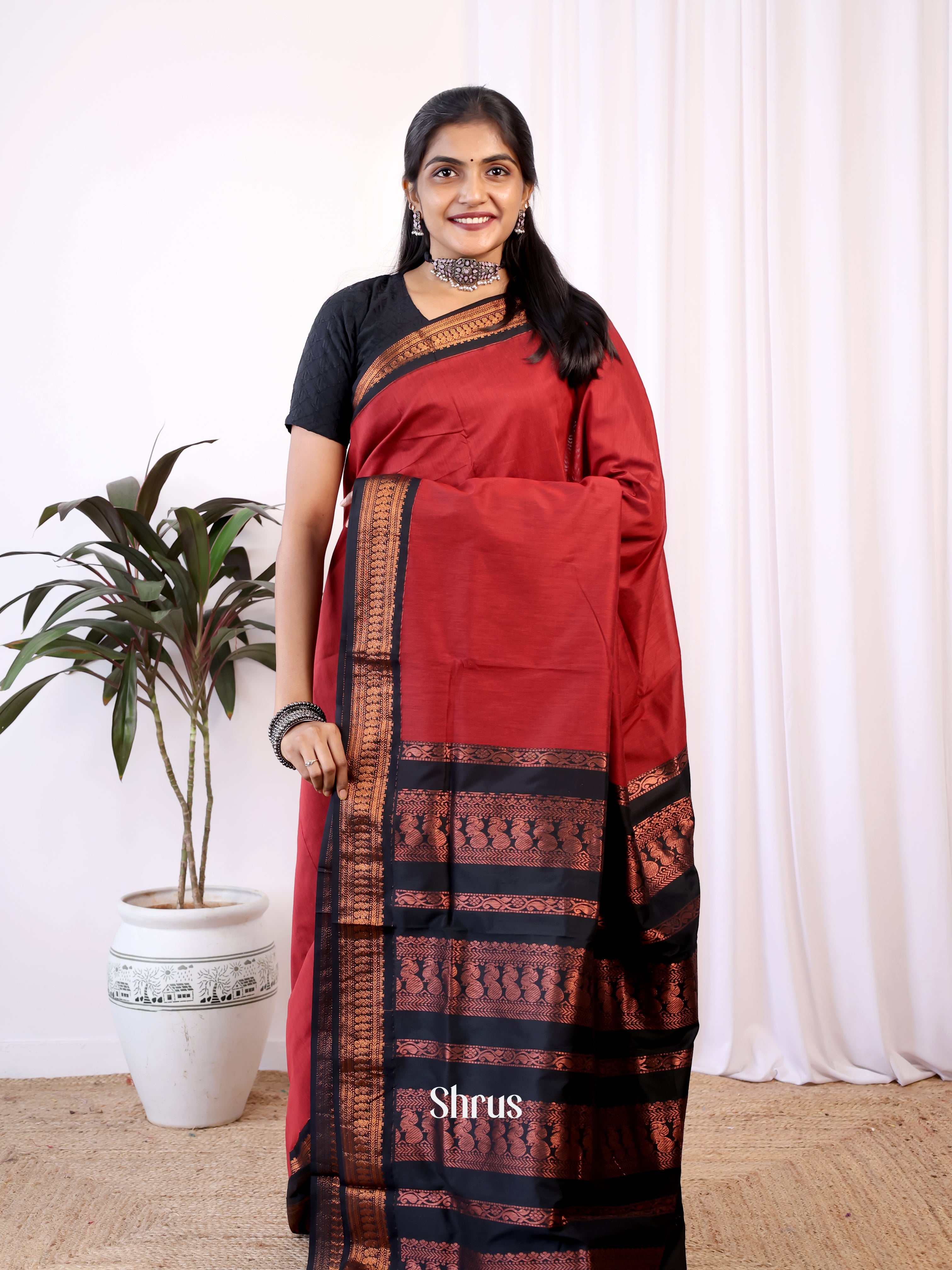 Red & Black - Kalyani Cotton Saree - Shop on Shrus.com