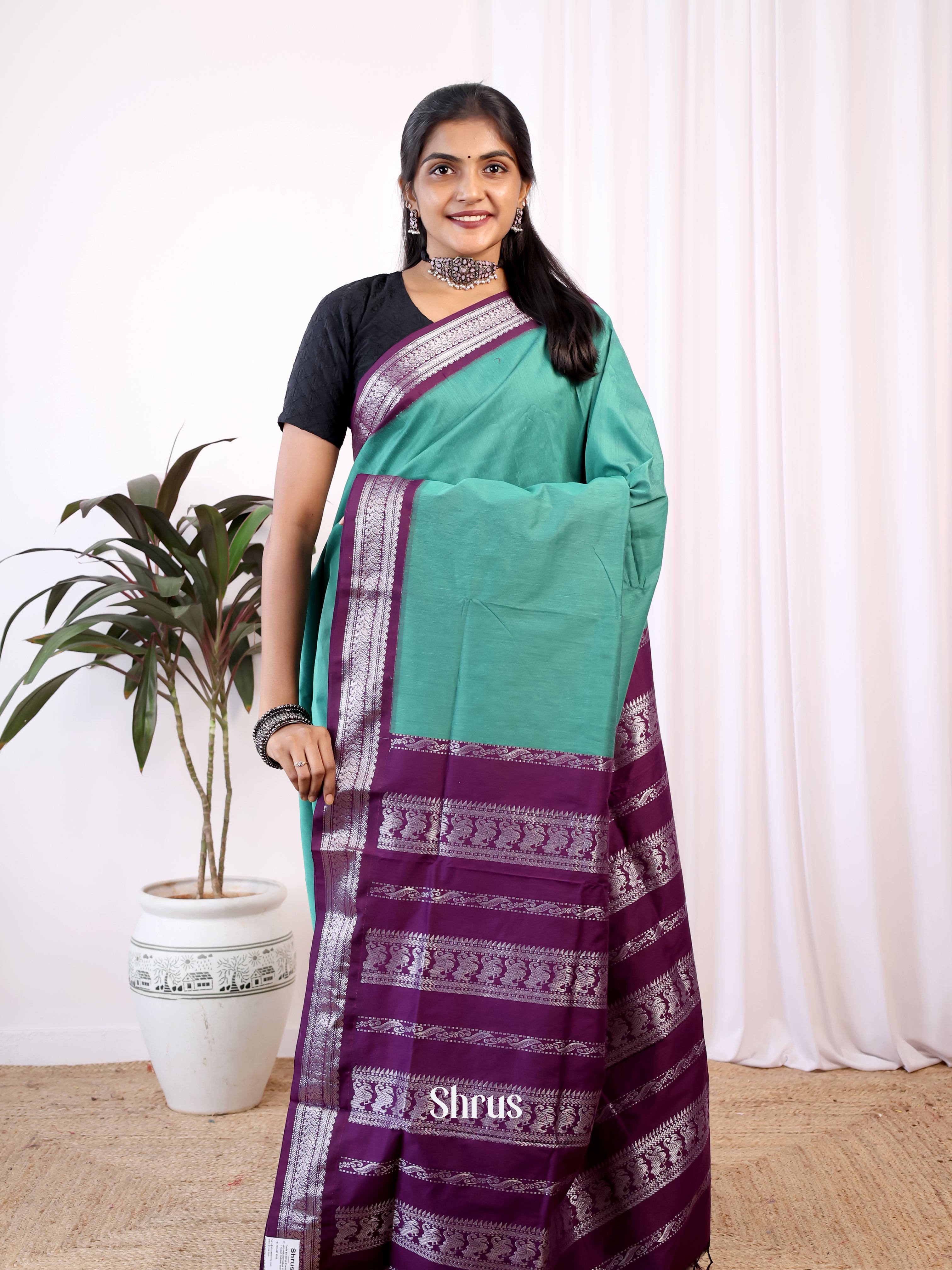 Green & Purple- Kalyani Cotton Saree - Shop on Shrus.com