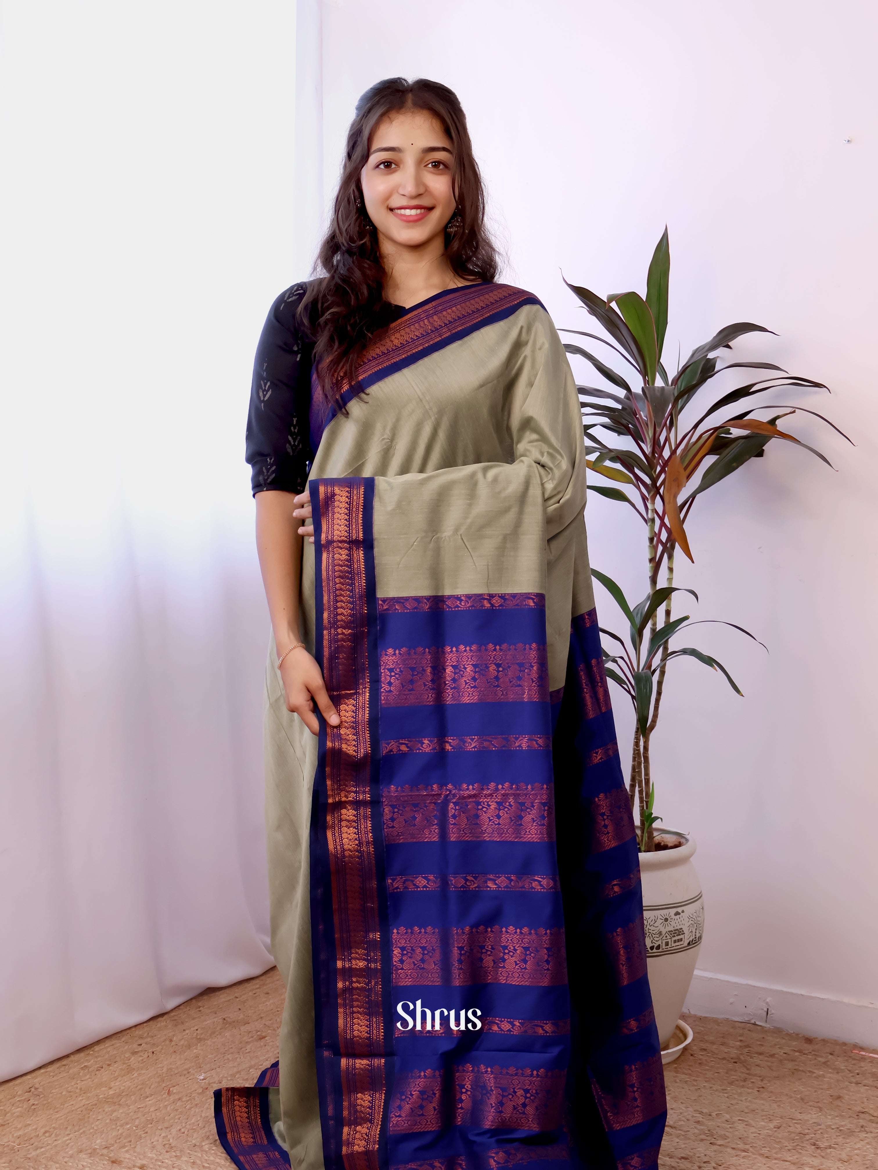 Grey & Blue- Kalyani Cotton Saree - Shop on Shrus.com