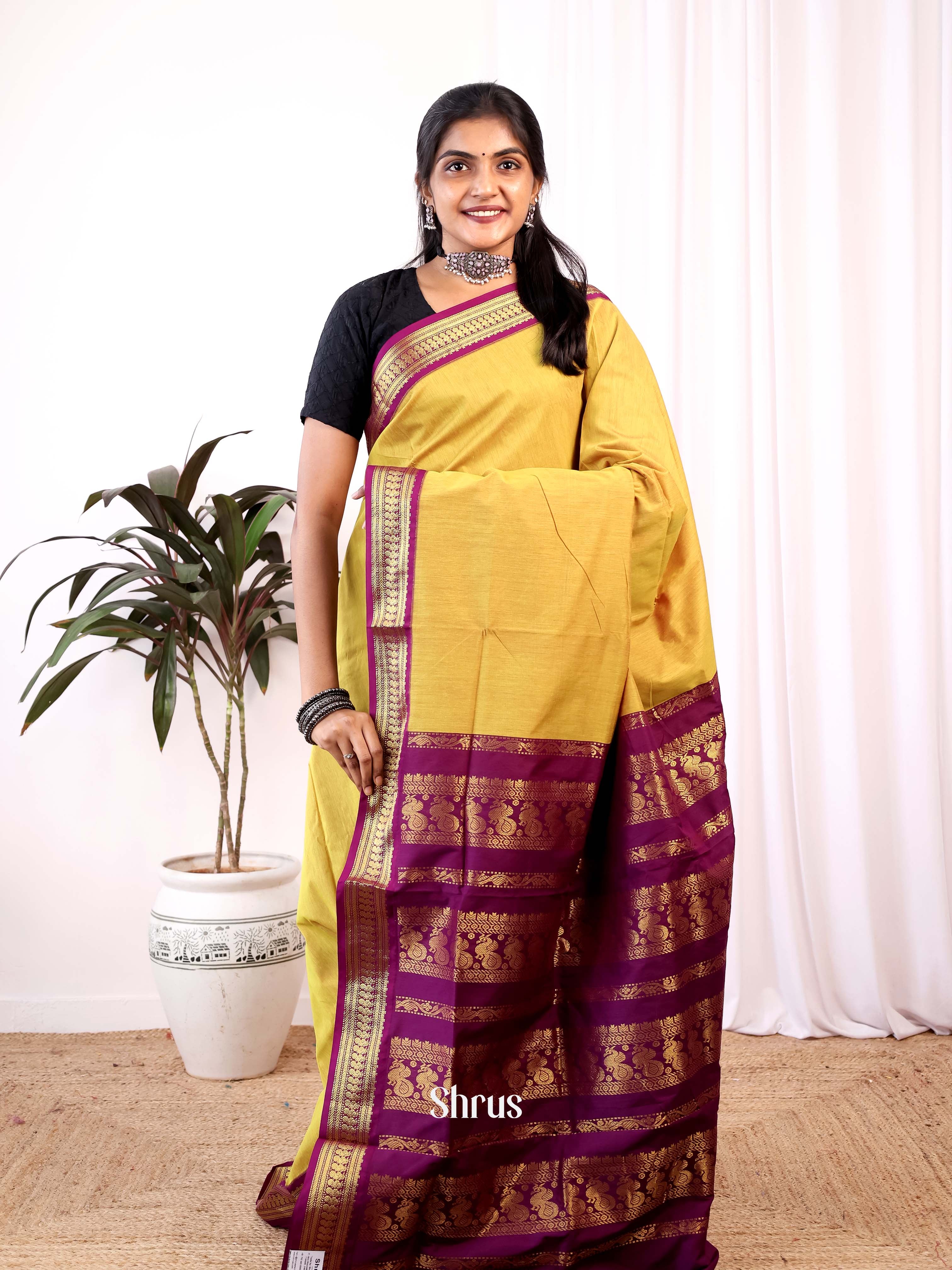 Yellow & Violet - Kalyani Cotton Saree - Shop on Shrus.com