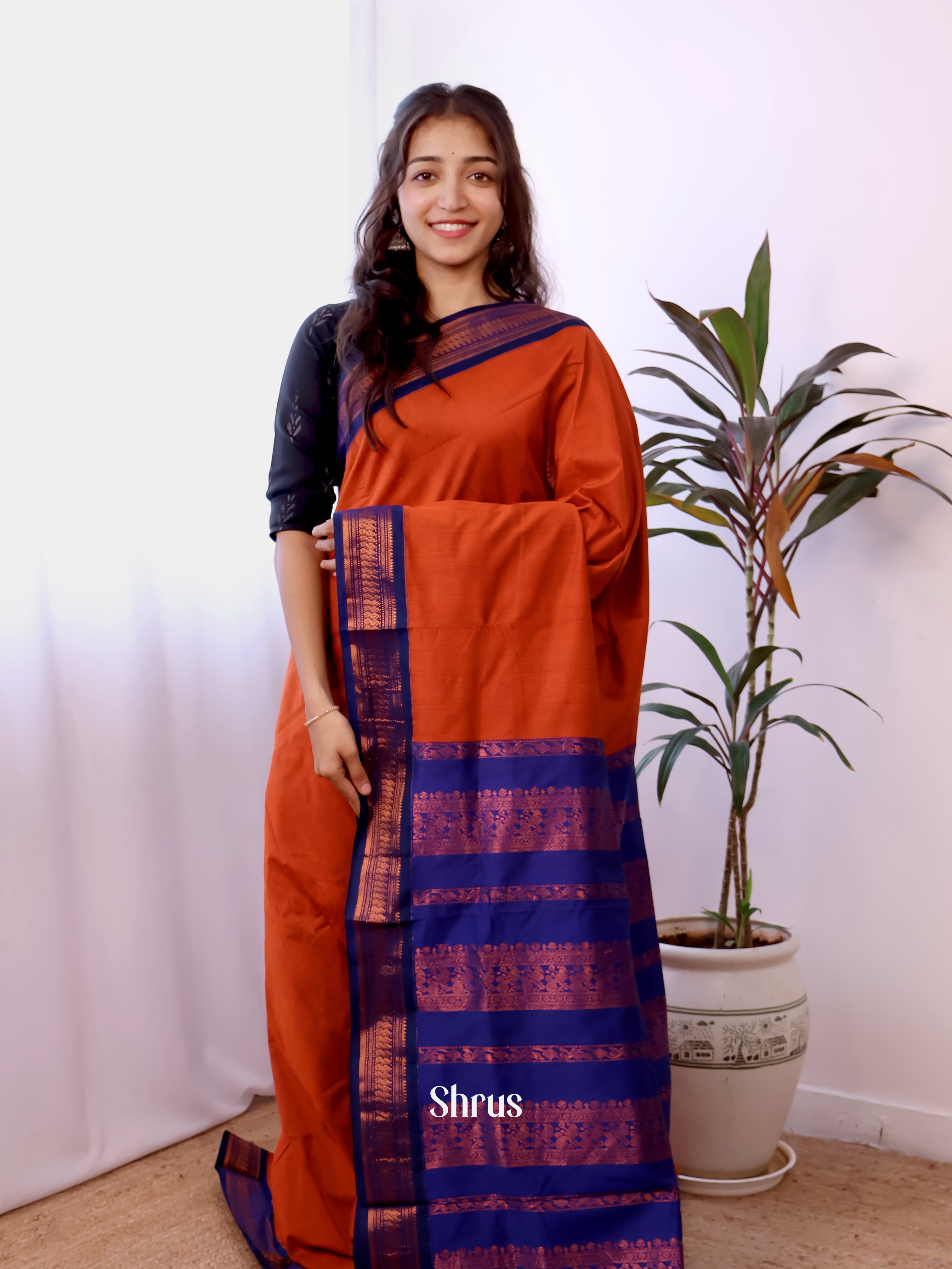 Brick &Blue- Kalyani Cotton Saree - Shop on Shrus.com