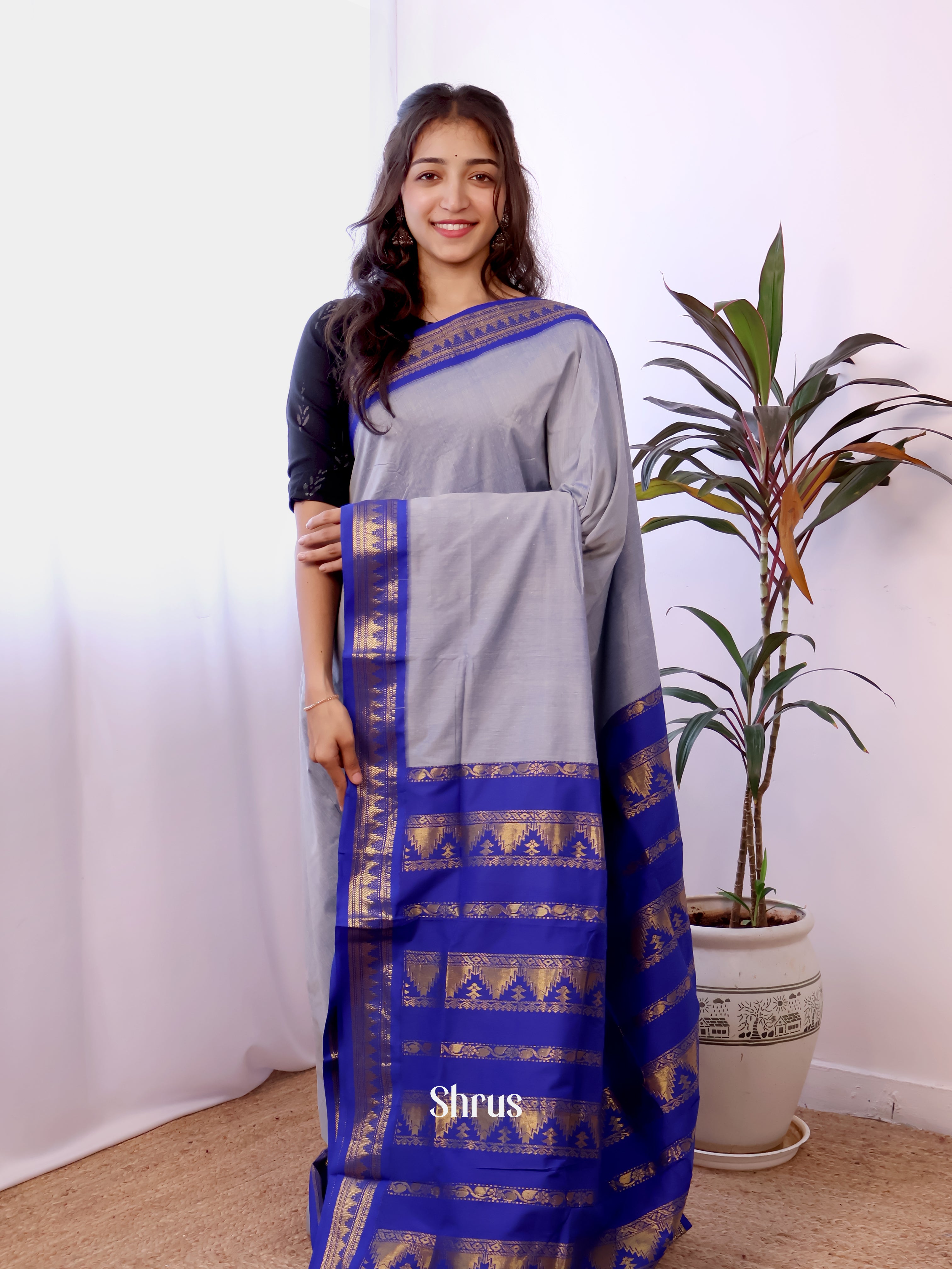 Grey & Blue - Kalyani Cotton Saree - Shop on Shrus.com