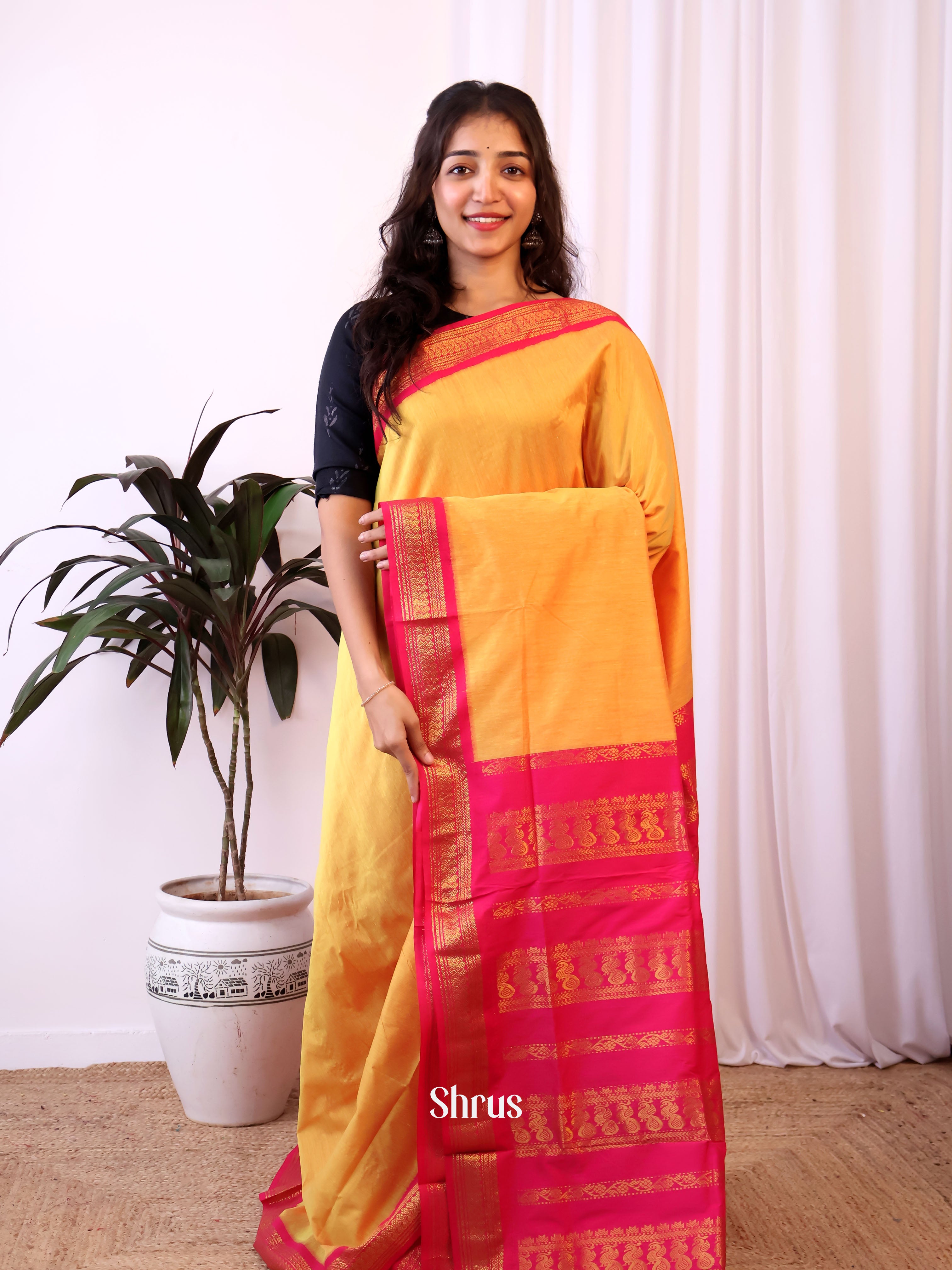 Yellow & Pink - Kalyani Cotton Saree - Shop on Shrus.com