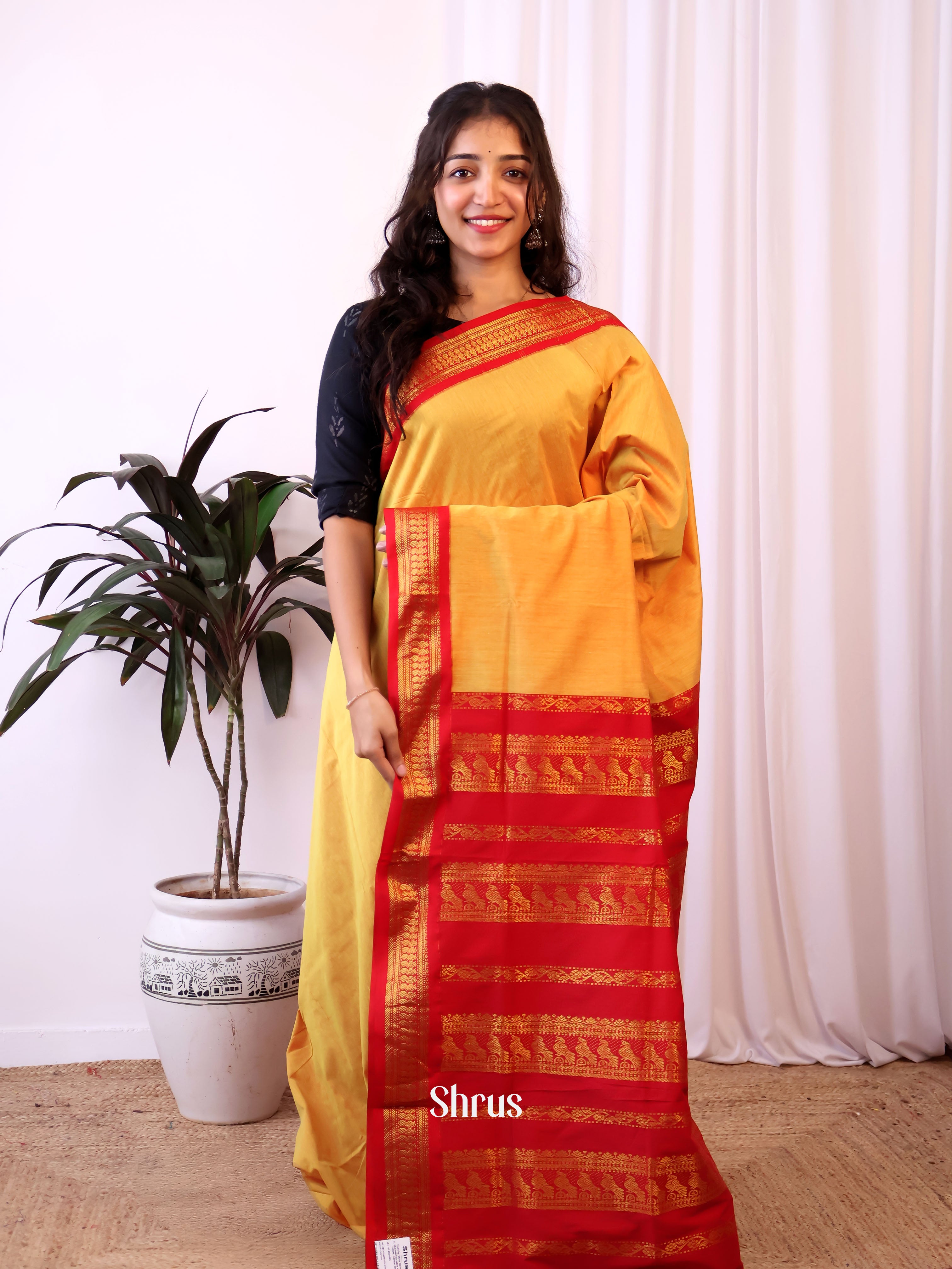 Yellow & Red - Kalyani Cotton Saree - Shop on Shrus.com