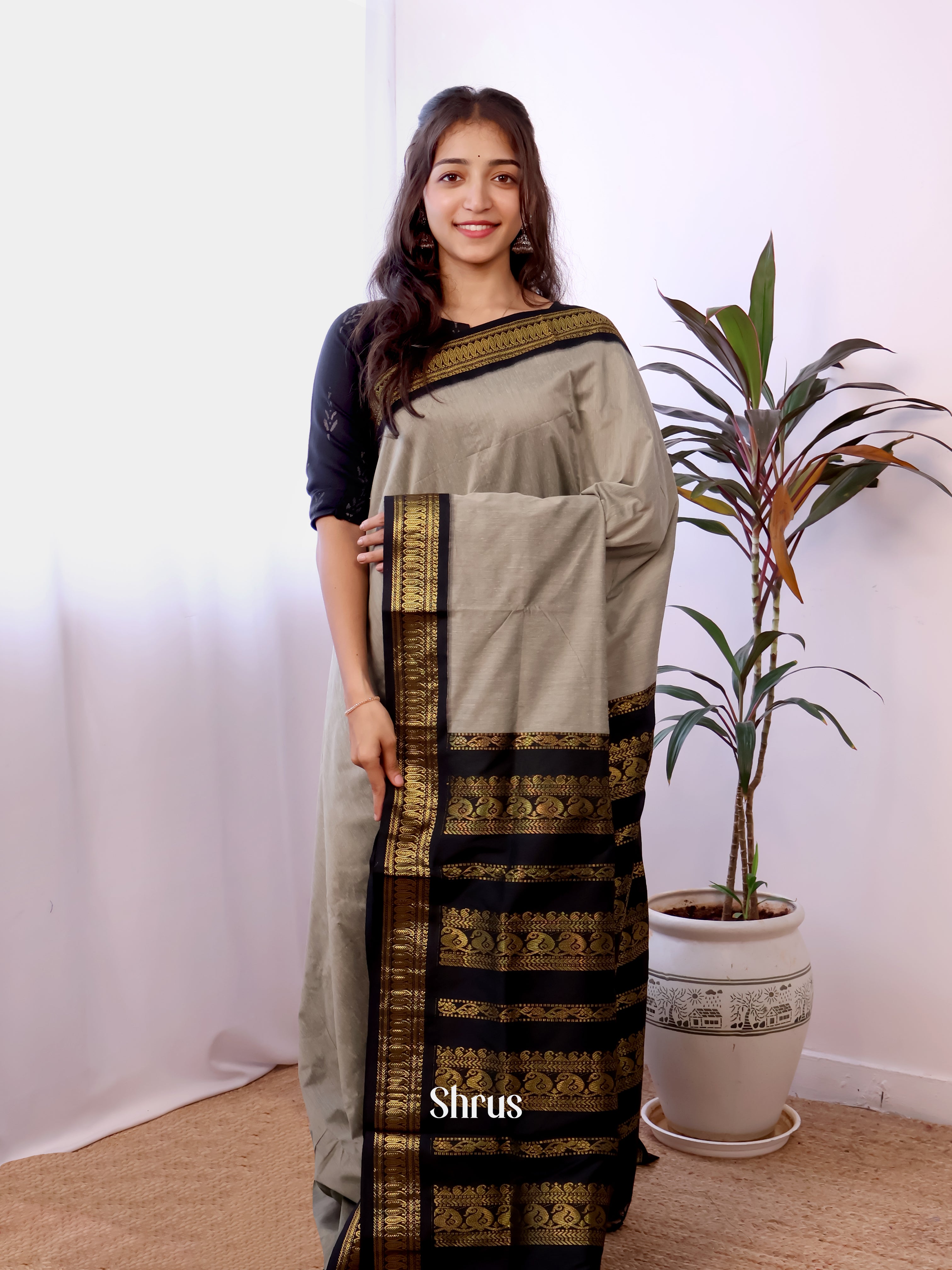 Grey & Black - Kalyani Cotton Saree - Shop on Shrus.com