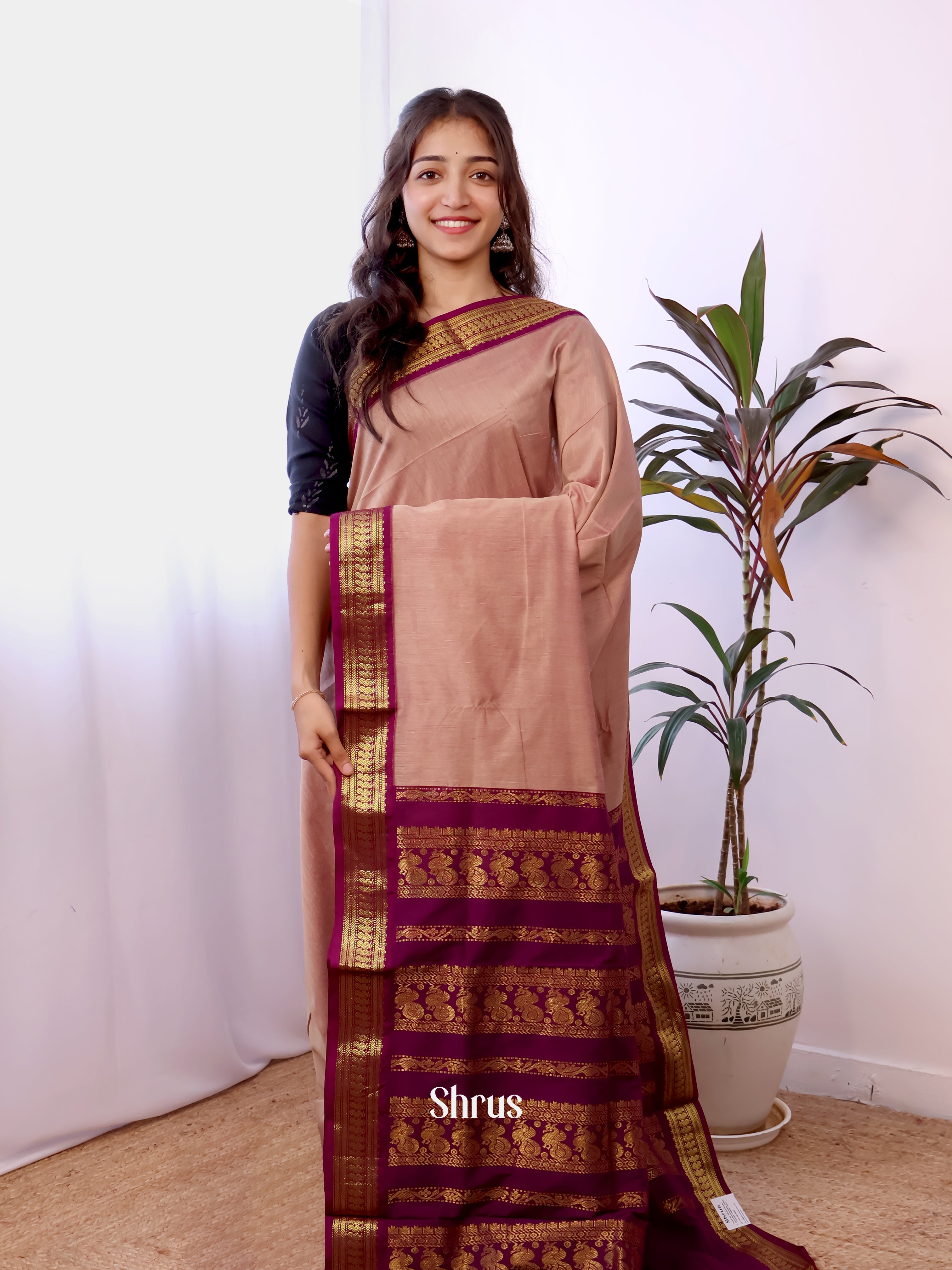 Lite Brown & Purple- Kalyani Cotton Saree - Shop on Shrus.com
