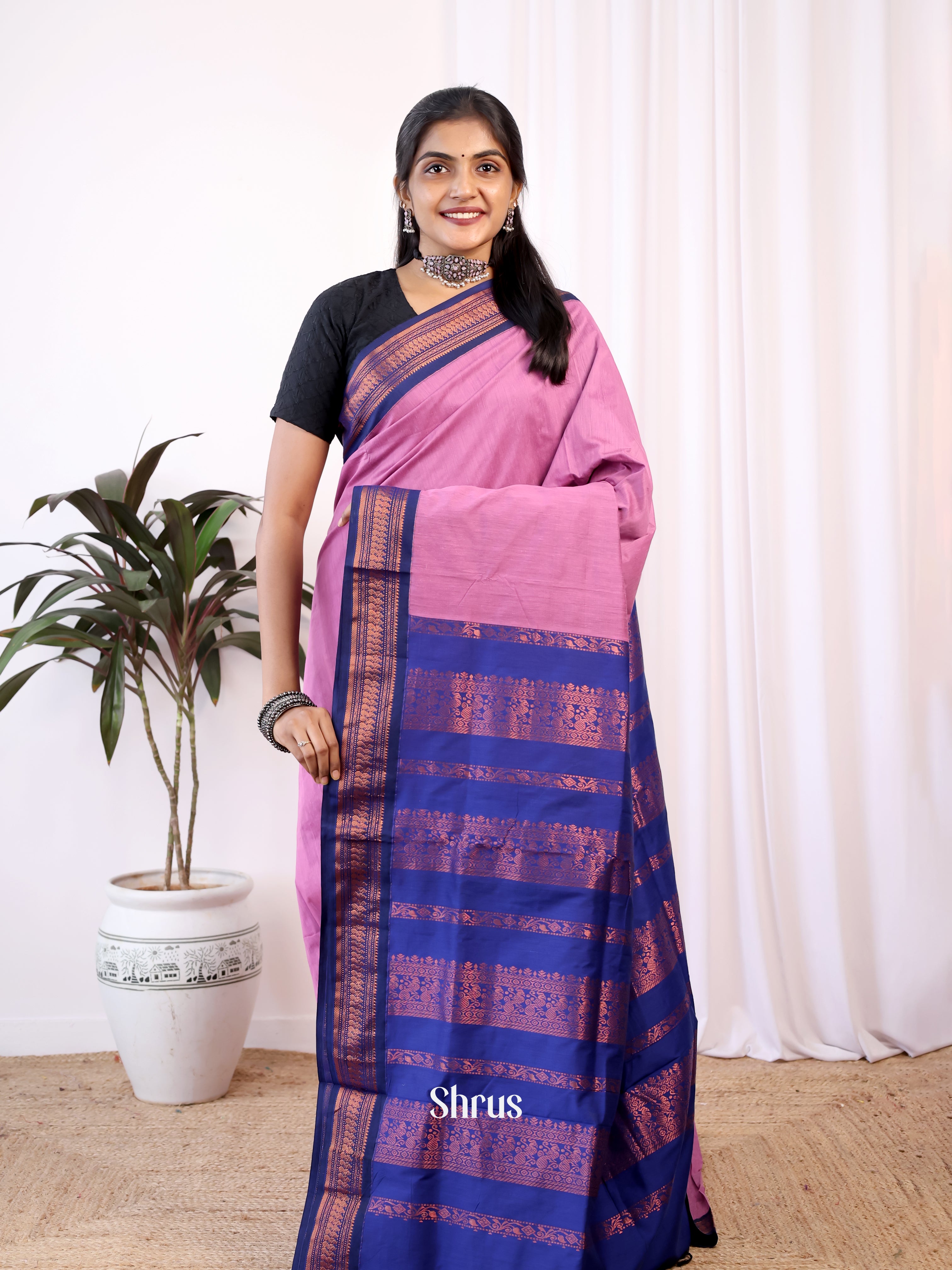 Pink & Blue- Kalyani Cotton Saree - Shop on Shrus.com