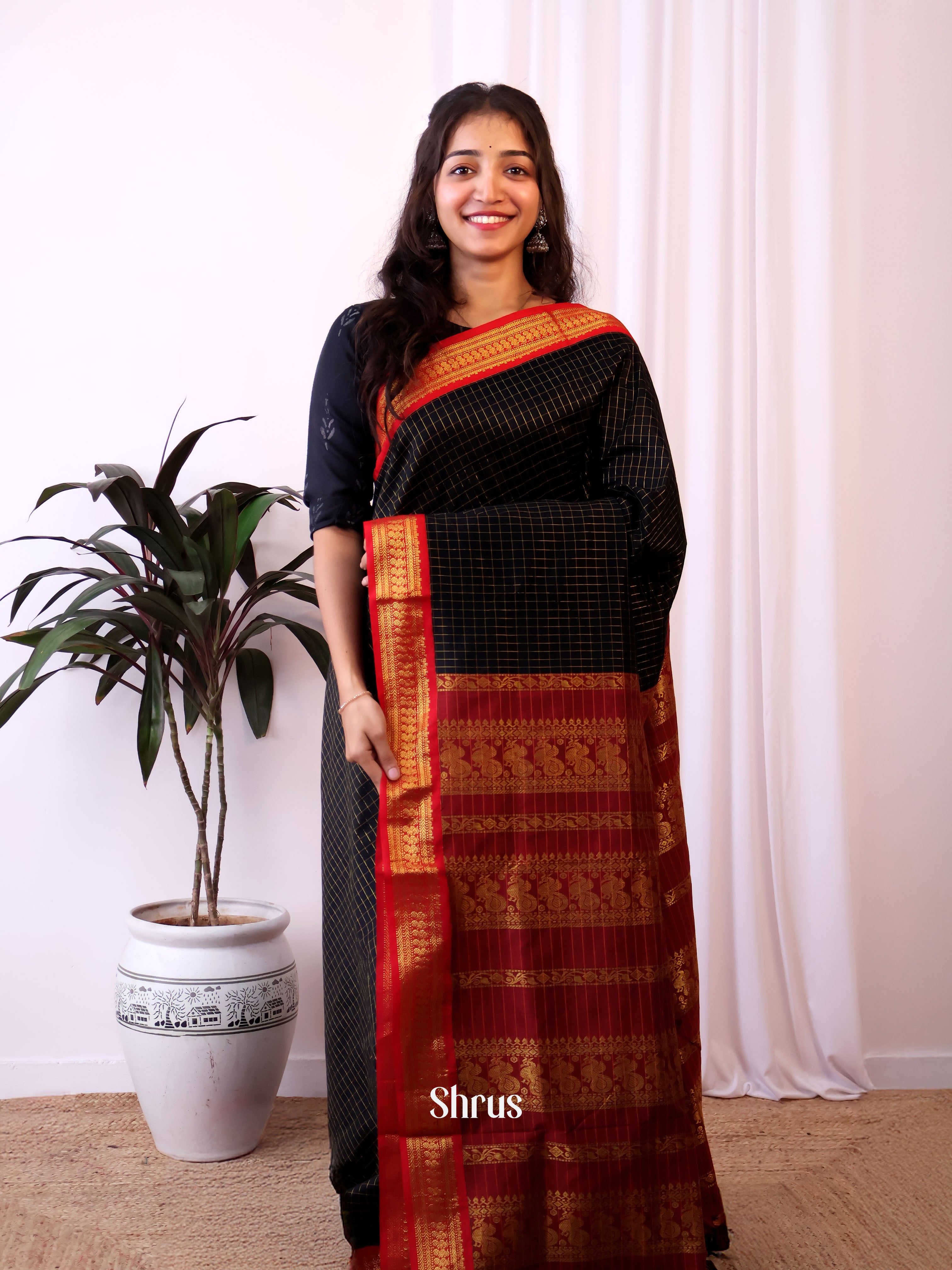 Black & Red - Kalyani Cotton Saree - Shop on Shrus.com
