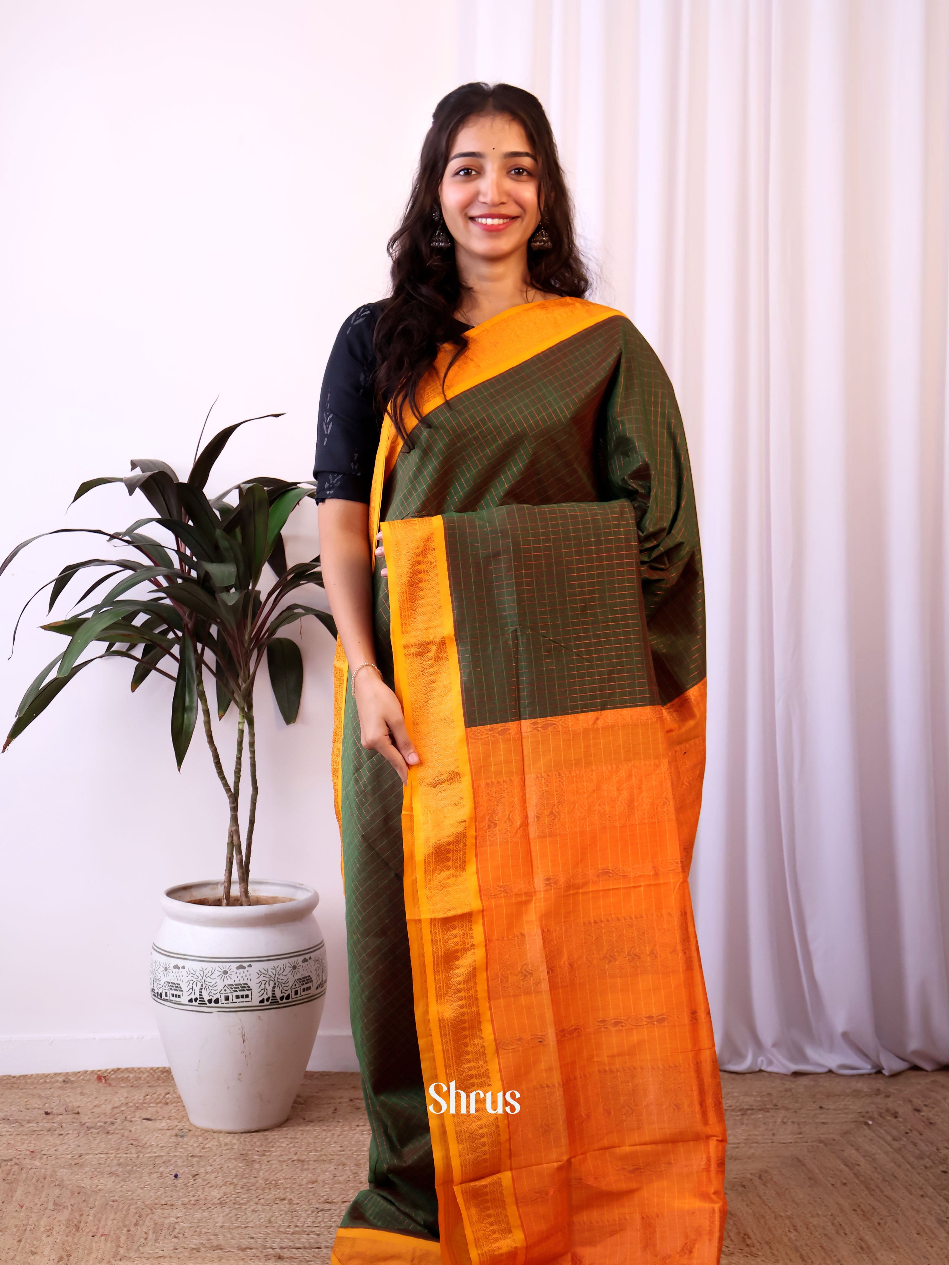 Green & Orange - Kalyani Cotton Saree - Shop on Shrus.com
