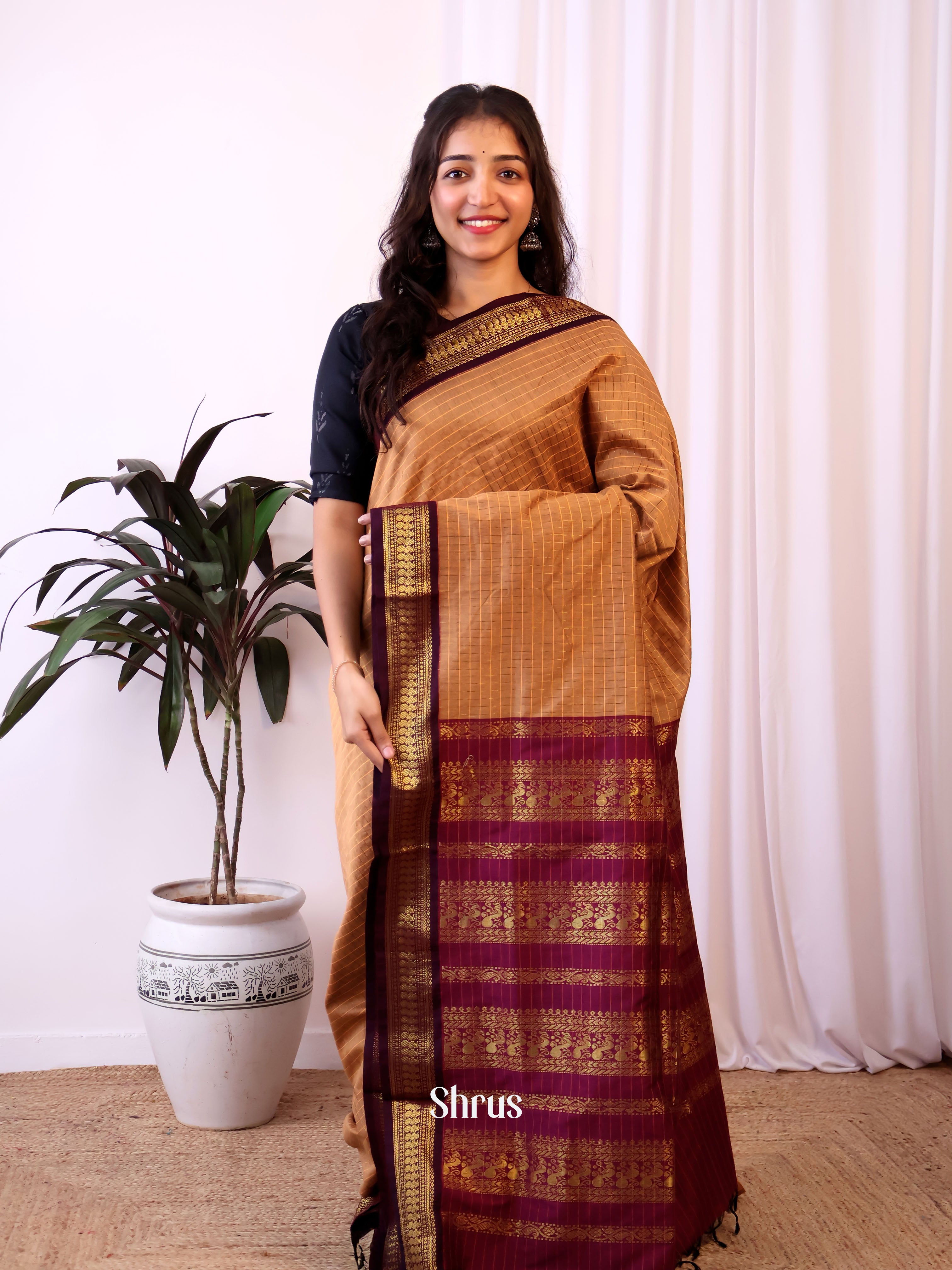 Brown & Purple - Kalyani Cotton Saree - Shop on Shrus.com