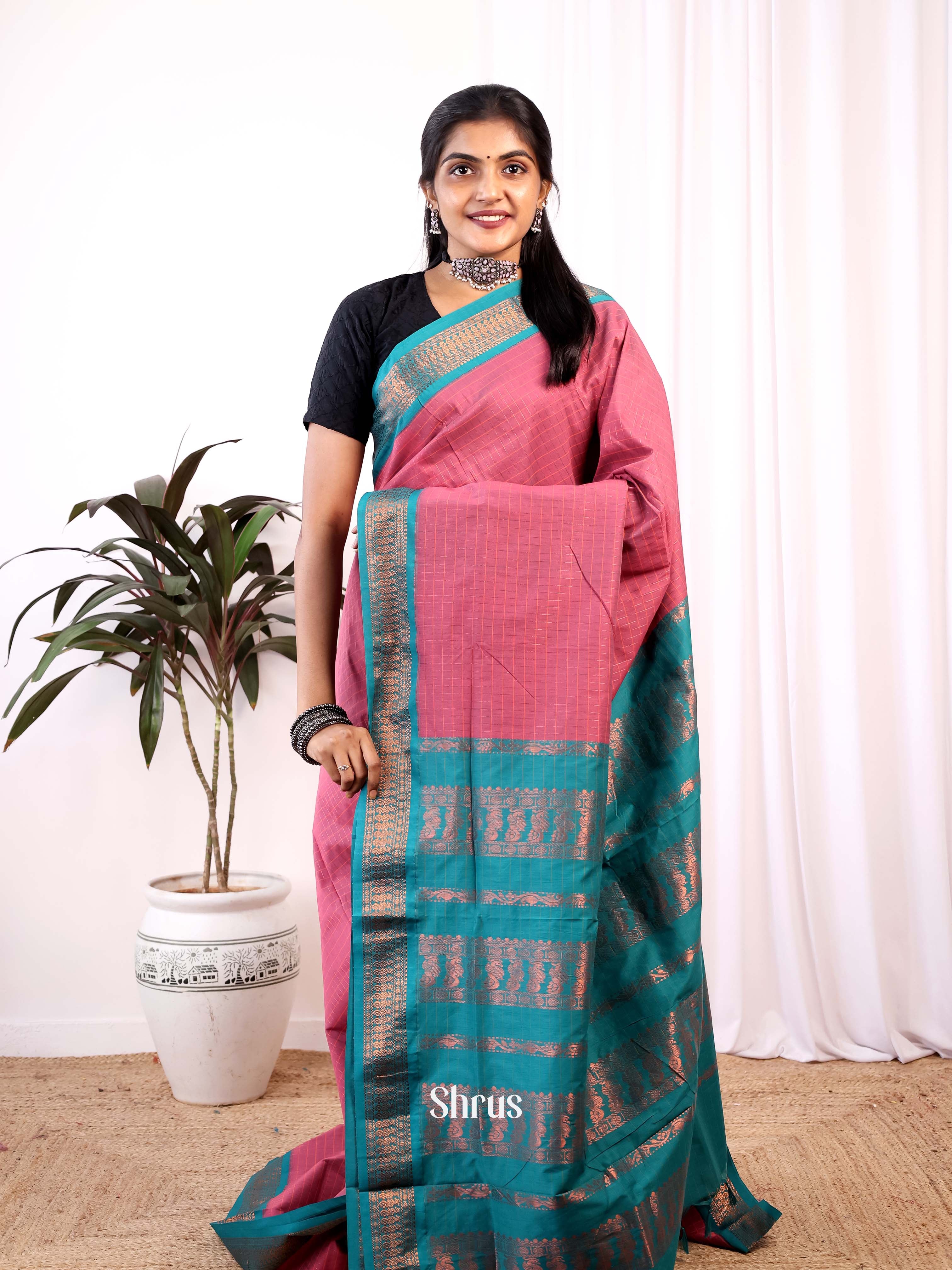 Pink & Blue - Kalyani Cotton Saree - Shop on Shrus.com