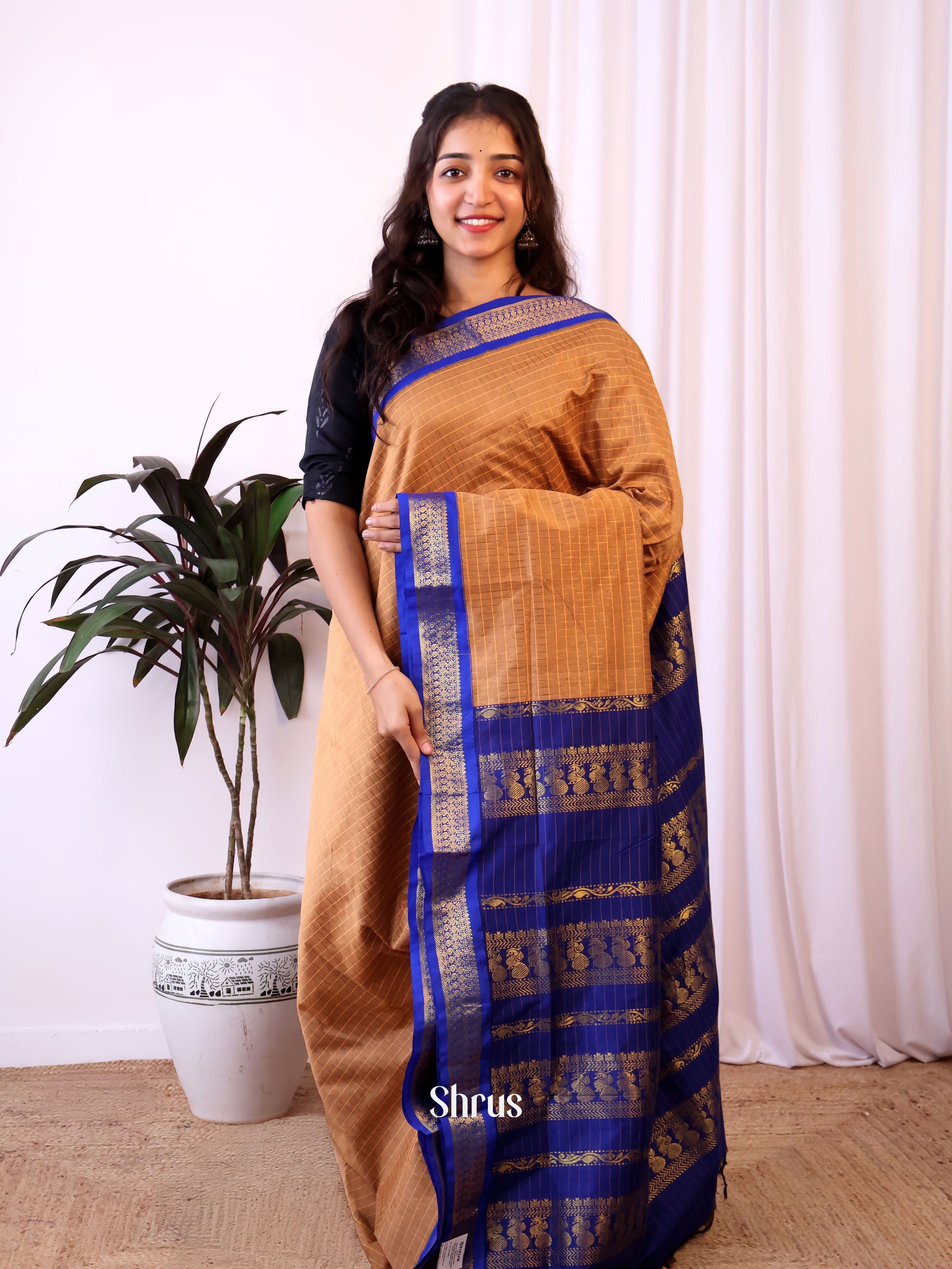 Brown & Blue - Kalyani Cotton Saree - Shop on Shrus.com