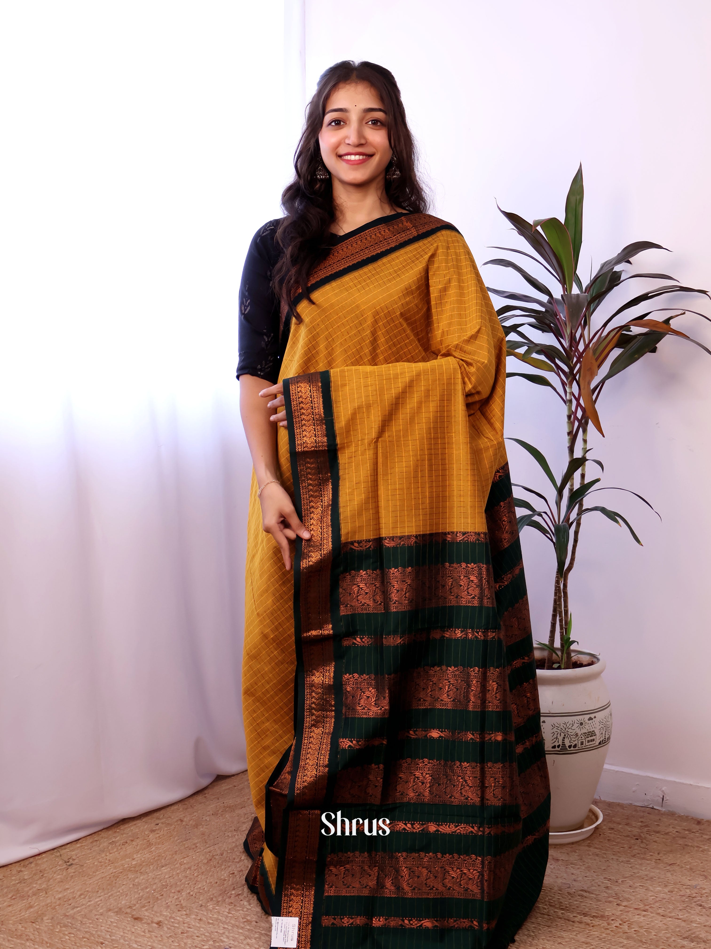 Mustardy Green & Green - Kalyani Cotton Saree - Shop on Shrus.com