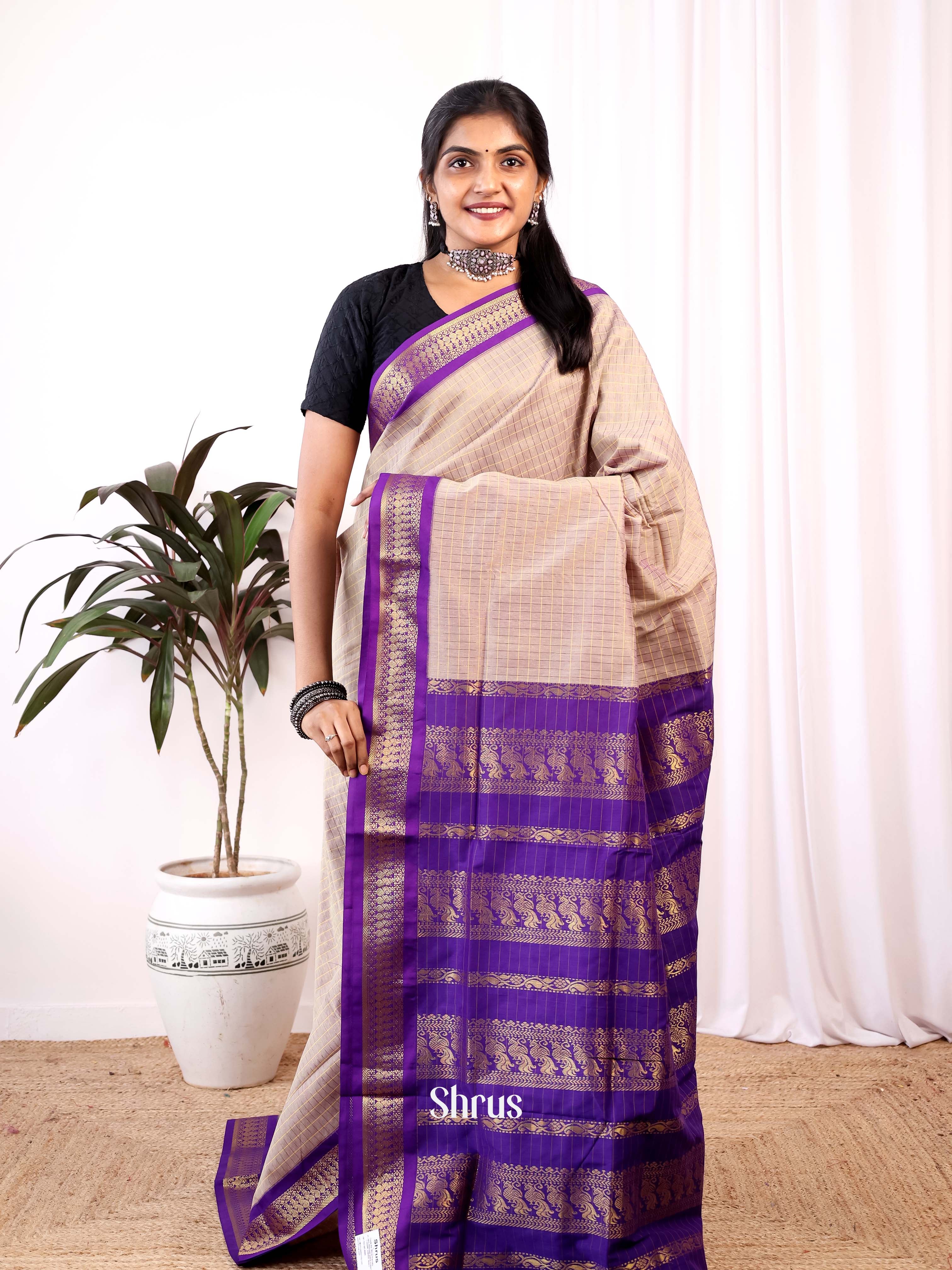 Cream & Violet - Kalyani Cotton Saree - Shop on Shrus.com