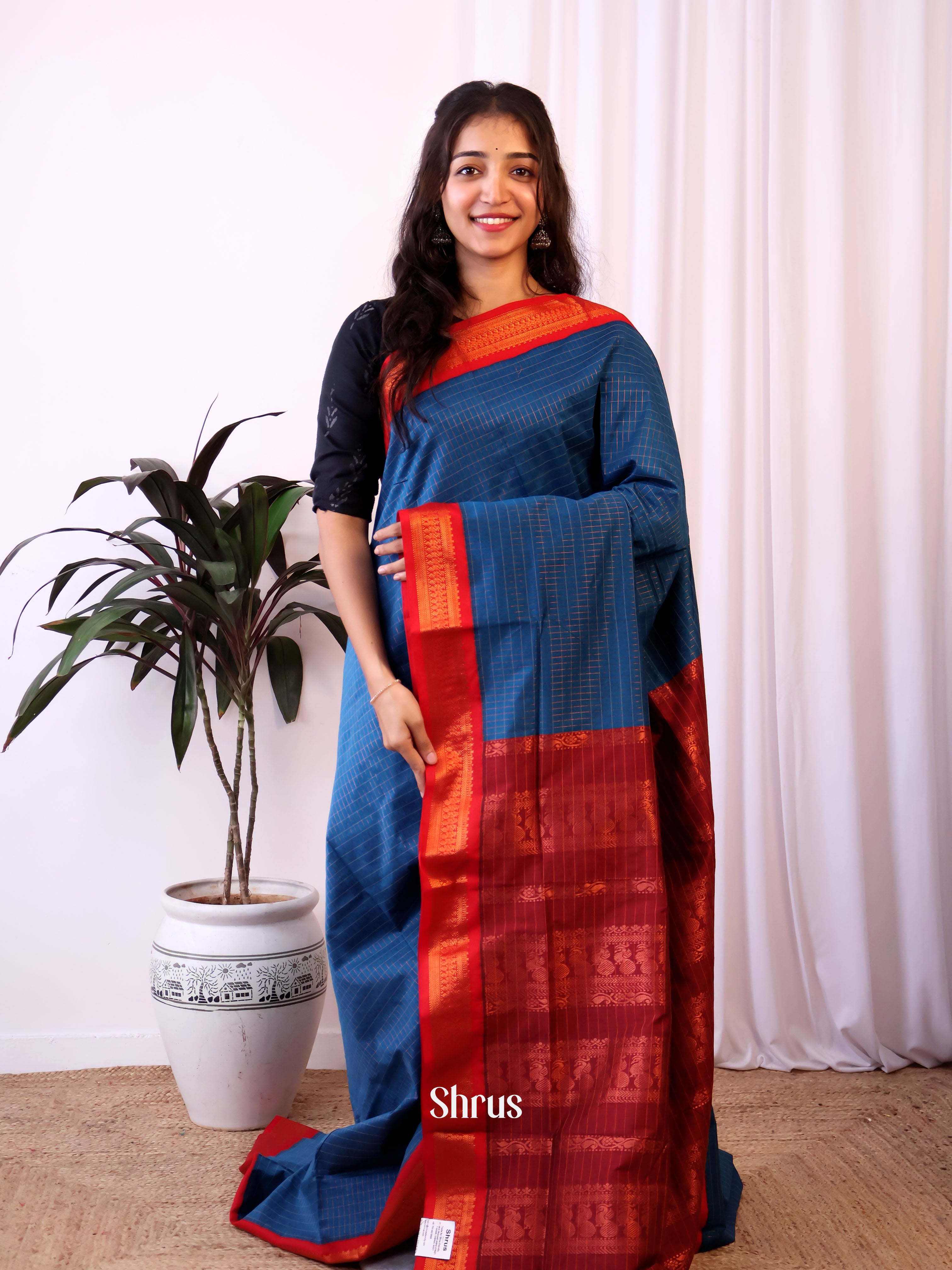 Blue & Red - Kalyani Cotton Saree - Shop on Shrus.com
