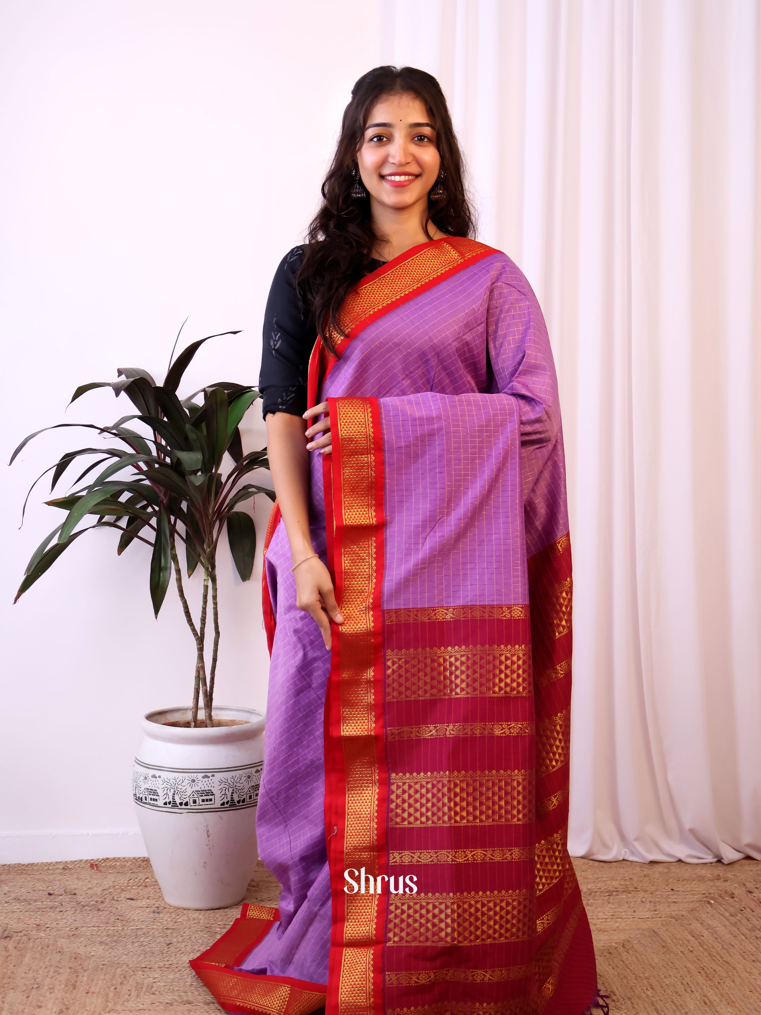 Purple & Red- Kalyani Cotton Saree - Shop on Shrus.com