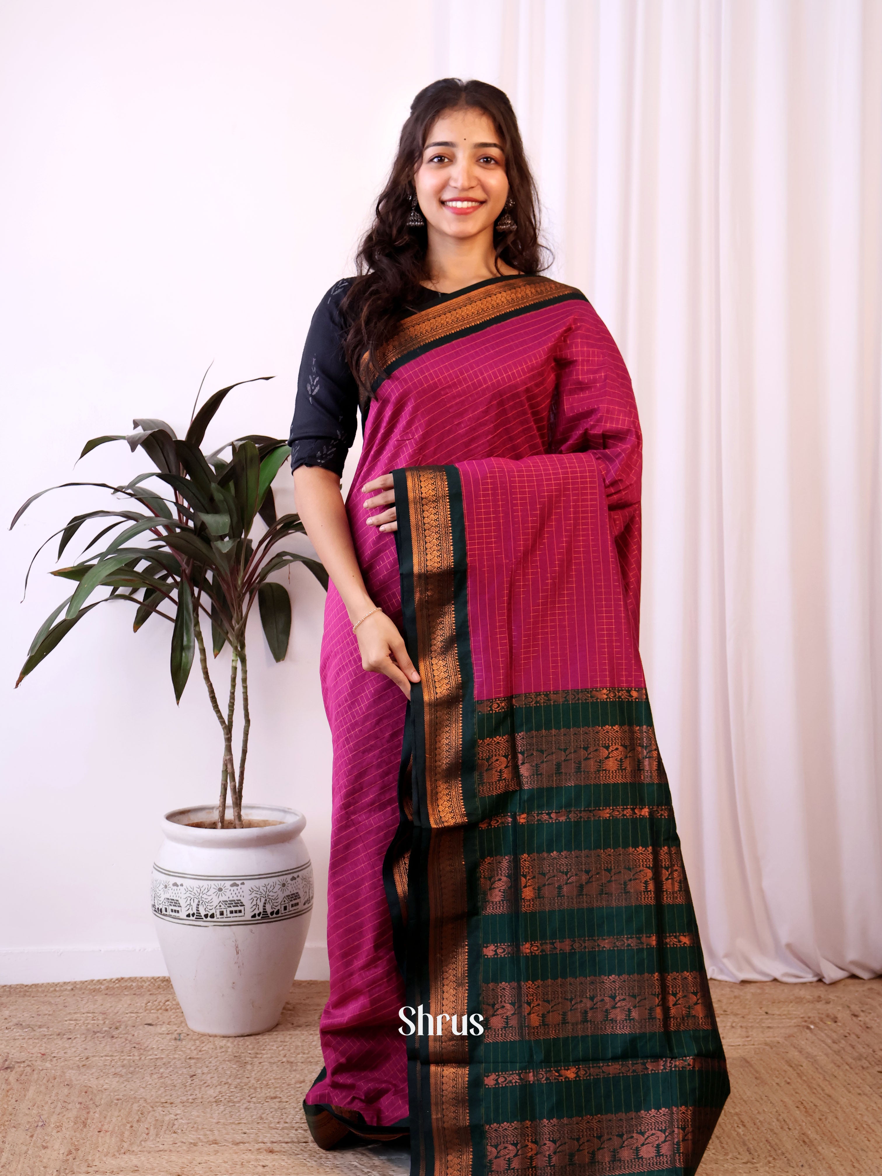 Purple & Green - Kalyani Cotton Saree - Shop on Shrus.com