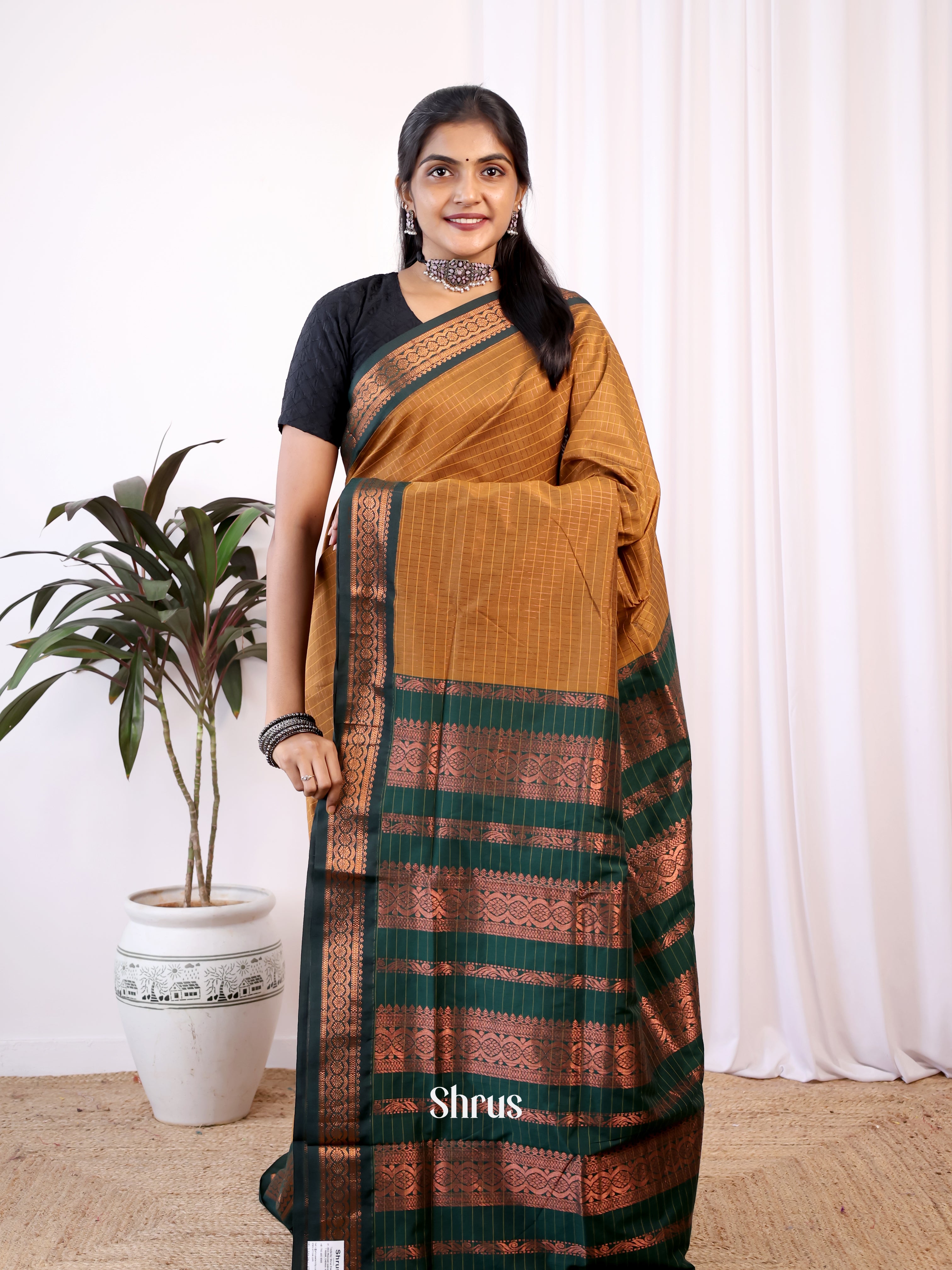 Brown & Green- Kalyani Cotton Saree - Shop on Shrus.com