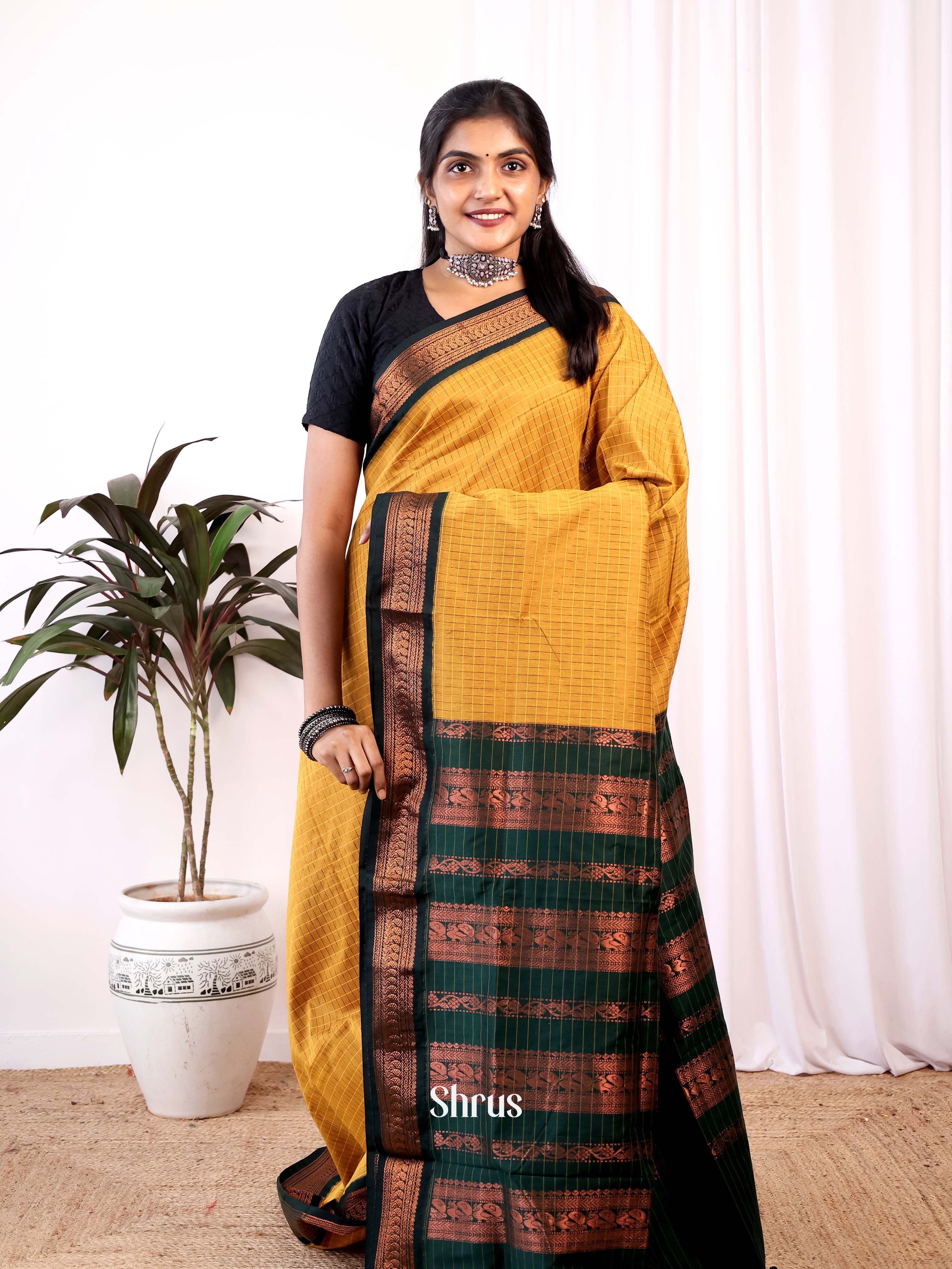 Mustard & Green - Kalyani Cotton Saree - Shop on Shrus.com