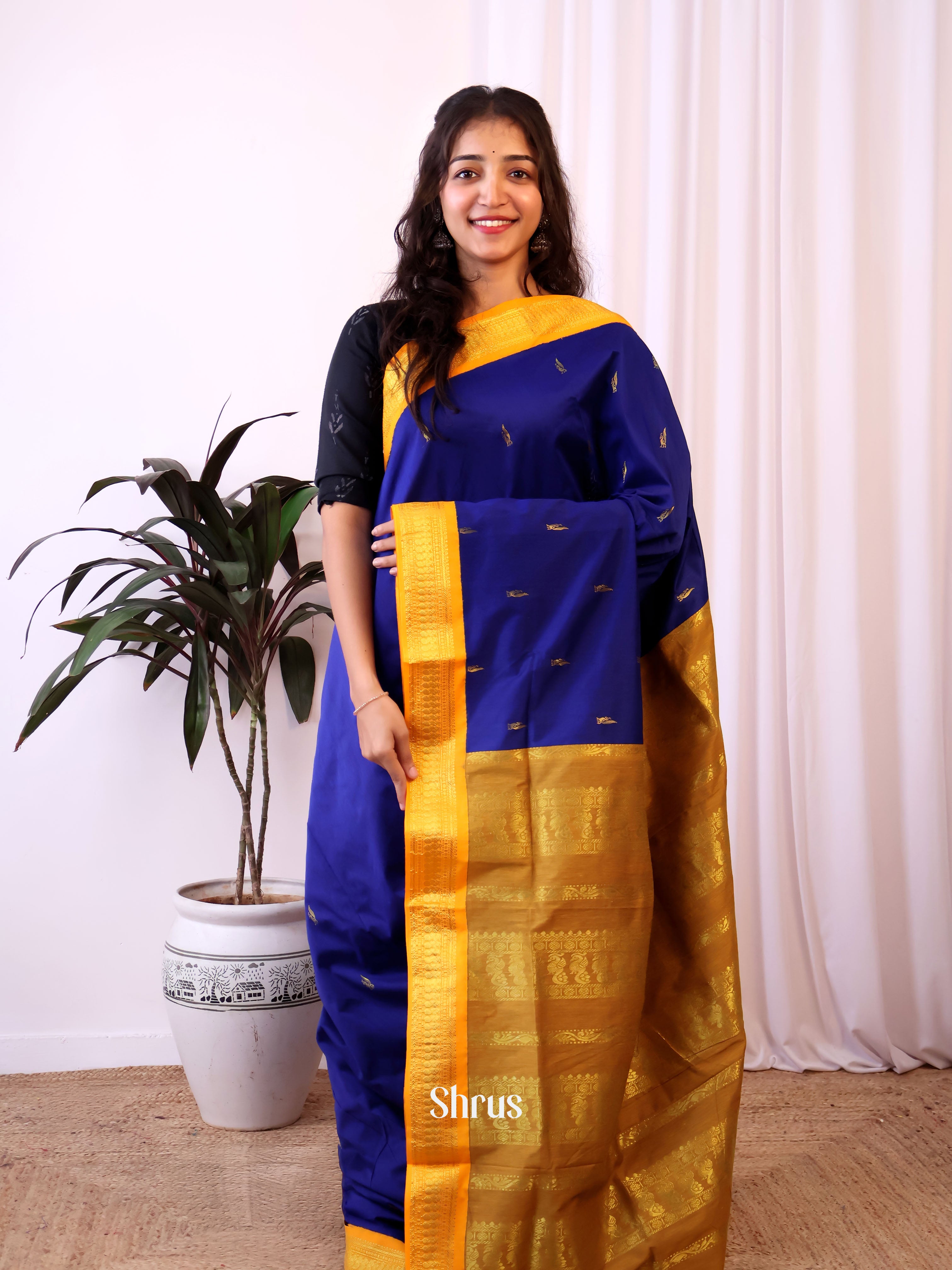 Blue & Mustard - Kalyani Cotton Saree - Shop on Shrus.com